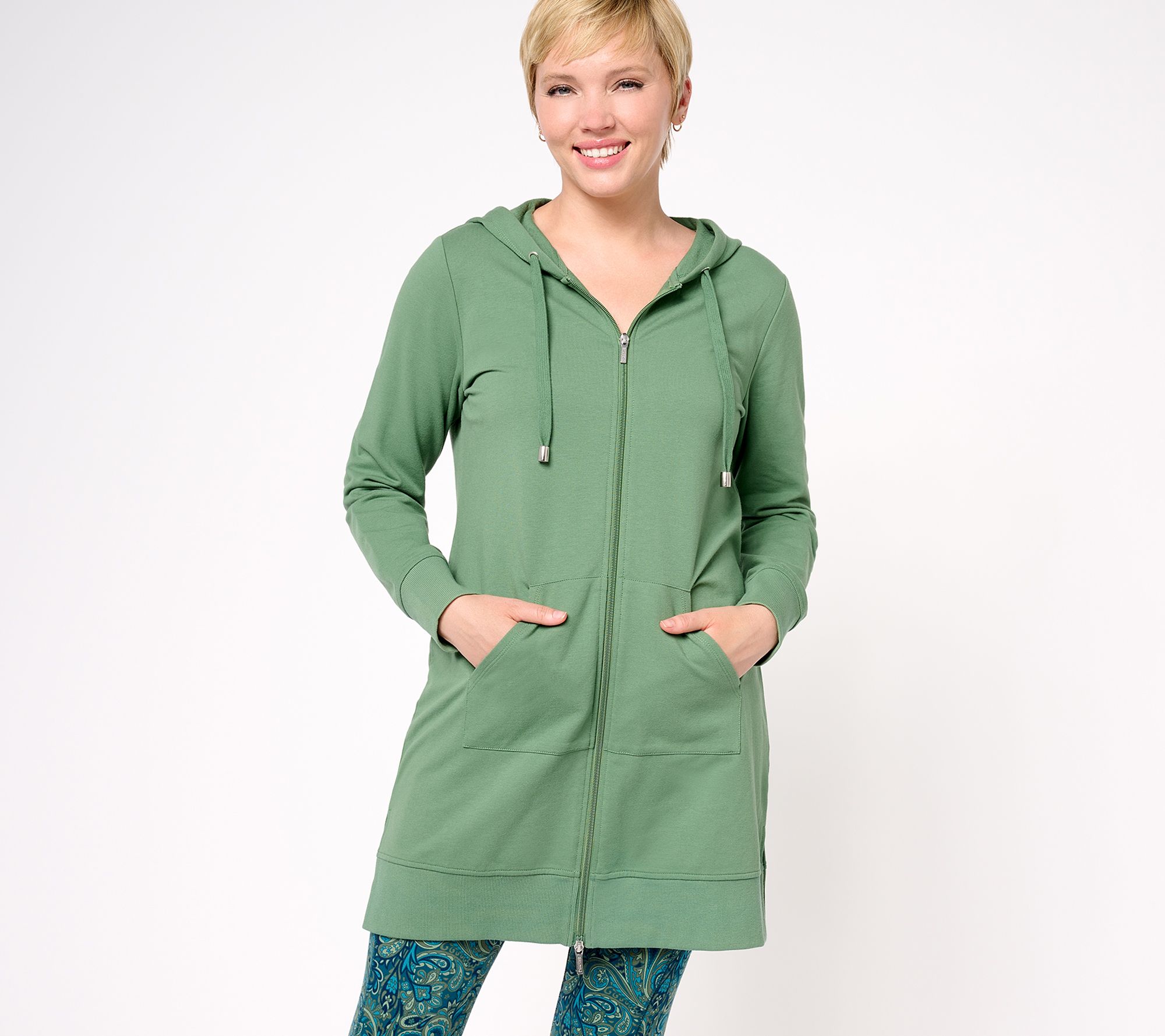 Denim & Co. Active French Terry Petite Hooded ZipFront Tunic Jacket