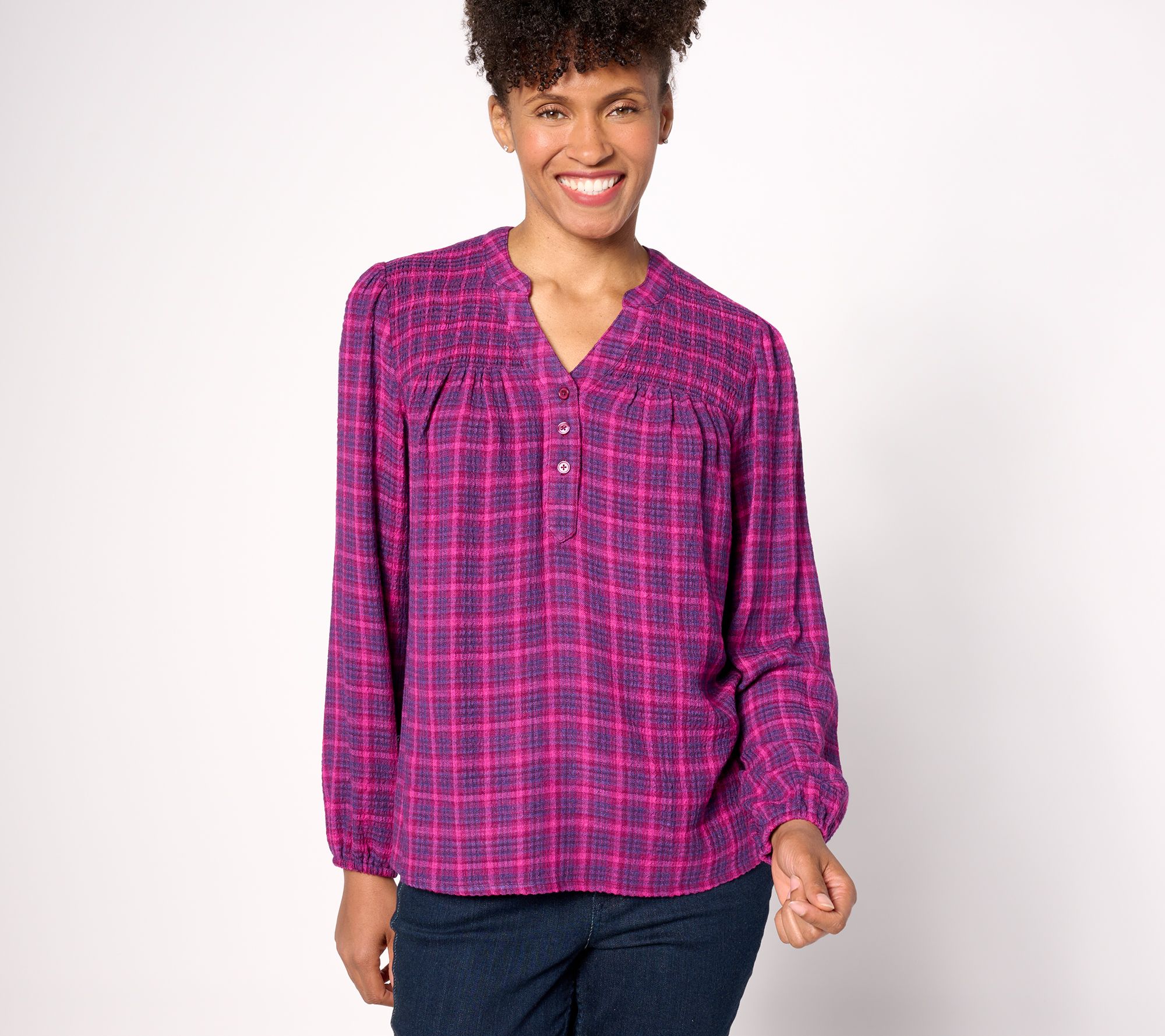 Denim & Co. Holiday Plaid Blouse with Smocked Front Yoke - QVC.com