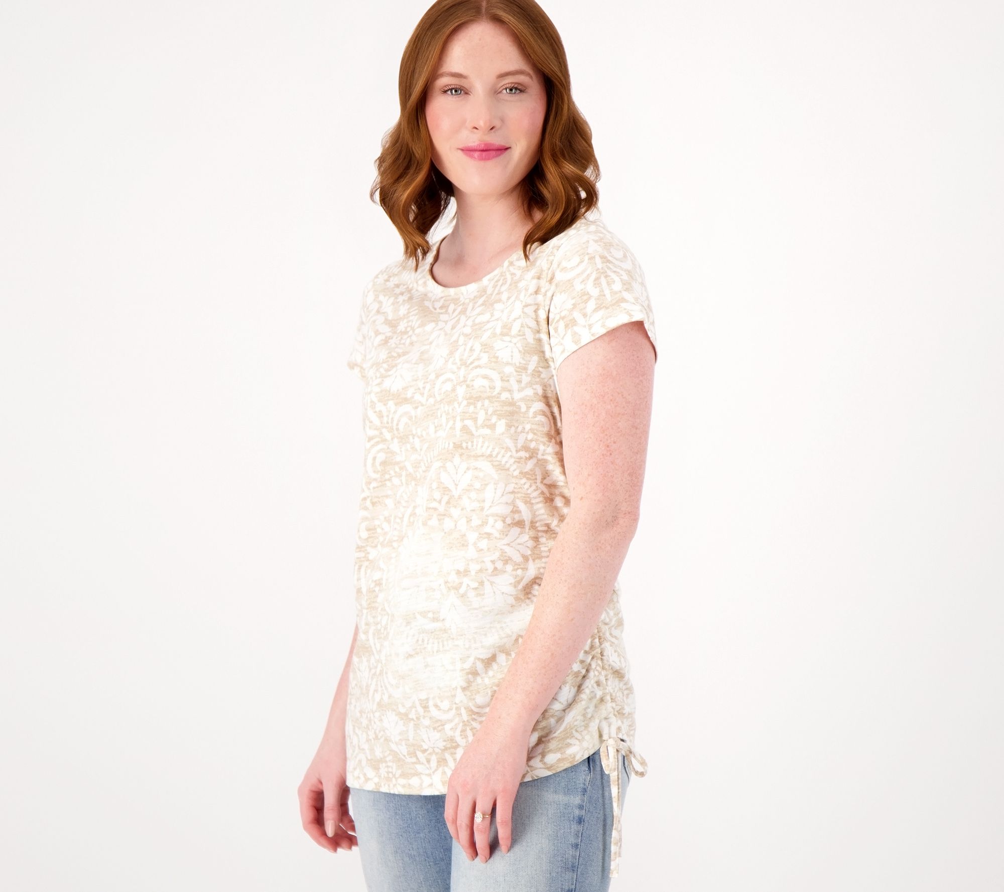 "As Is" Belle by Kim Gravel Slub Knit Side Ruched Print Top