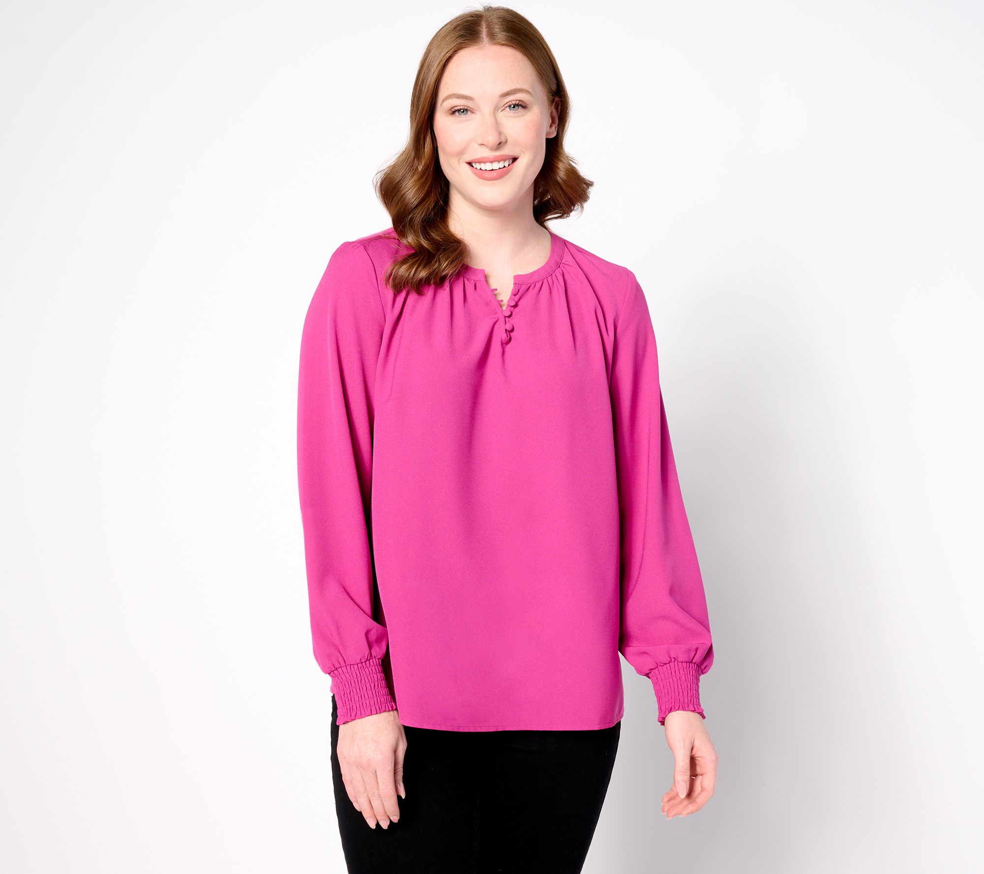 Denim & Co. Split V Blouse with Smocked Cuff