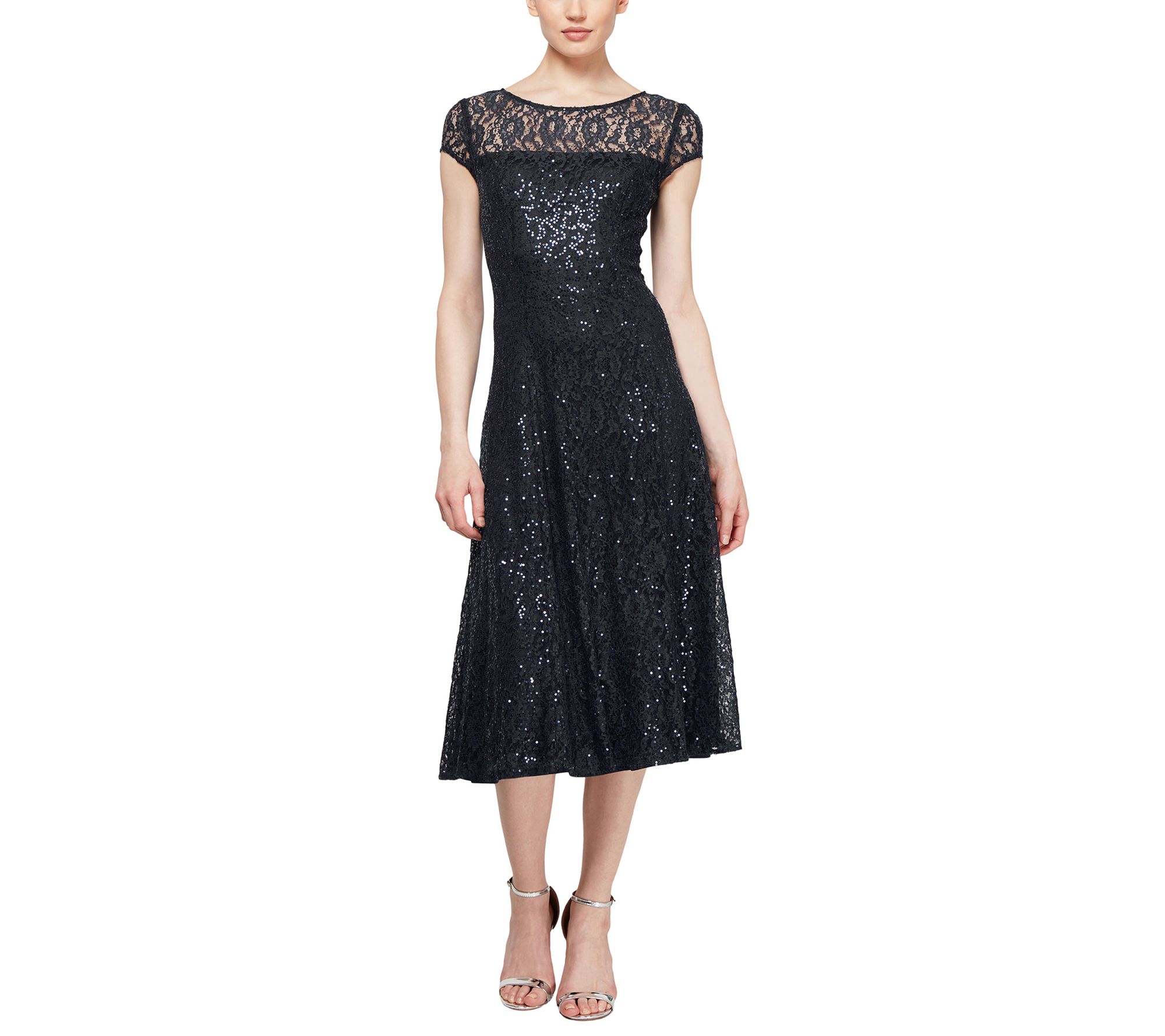 S.L. Fashions Cap Sleeve Tea Length Lace Dress(Regular) 