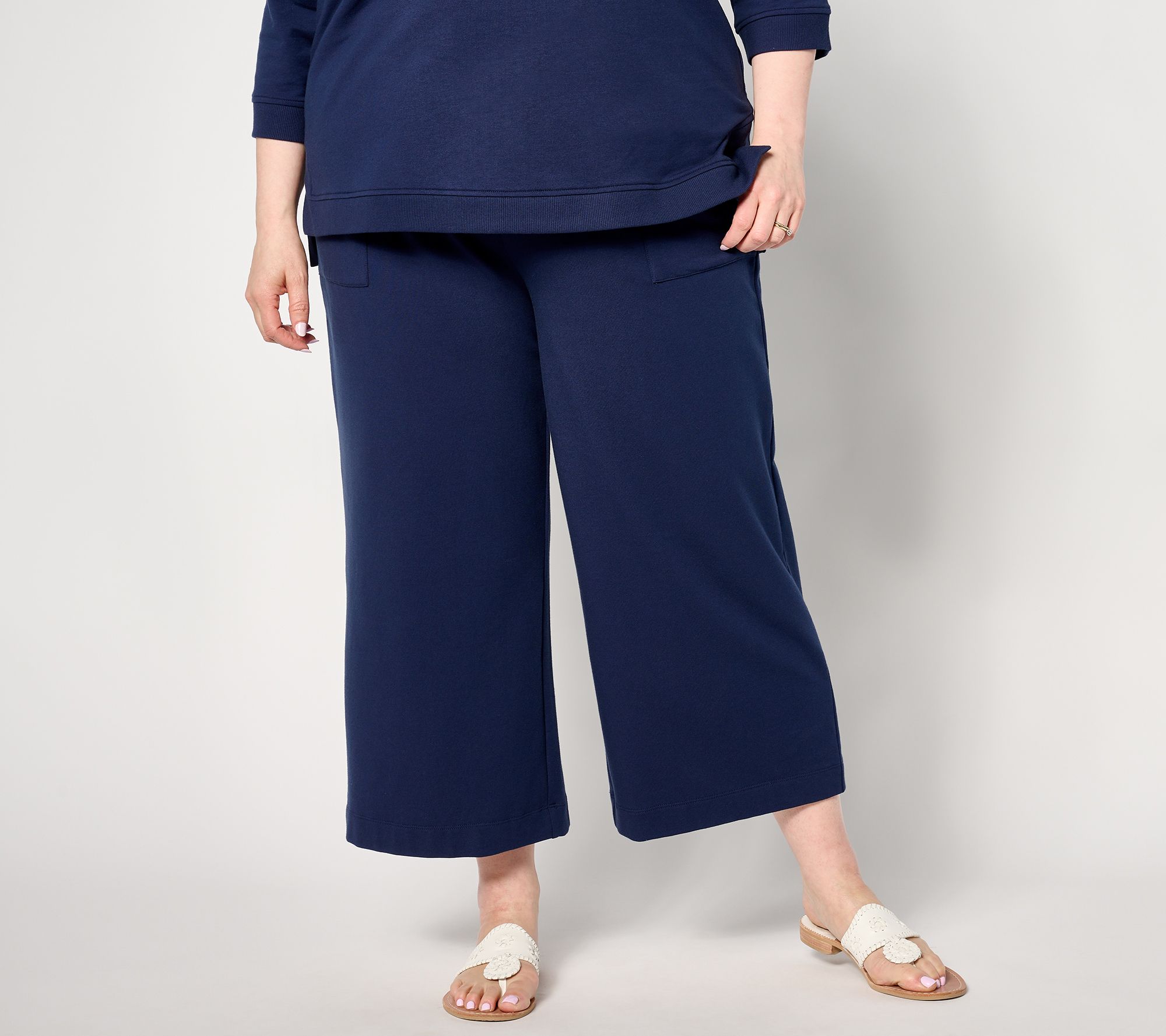 Denim & Co. Active Petite French Terry Wide Leg Crop Pant