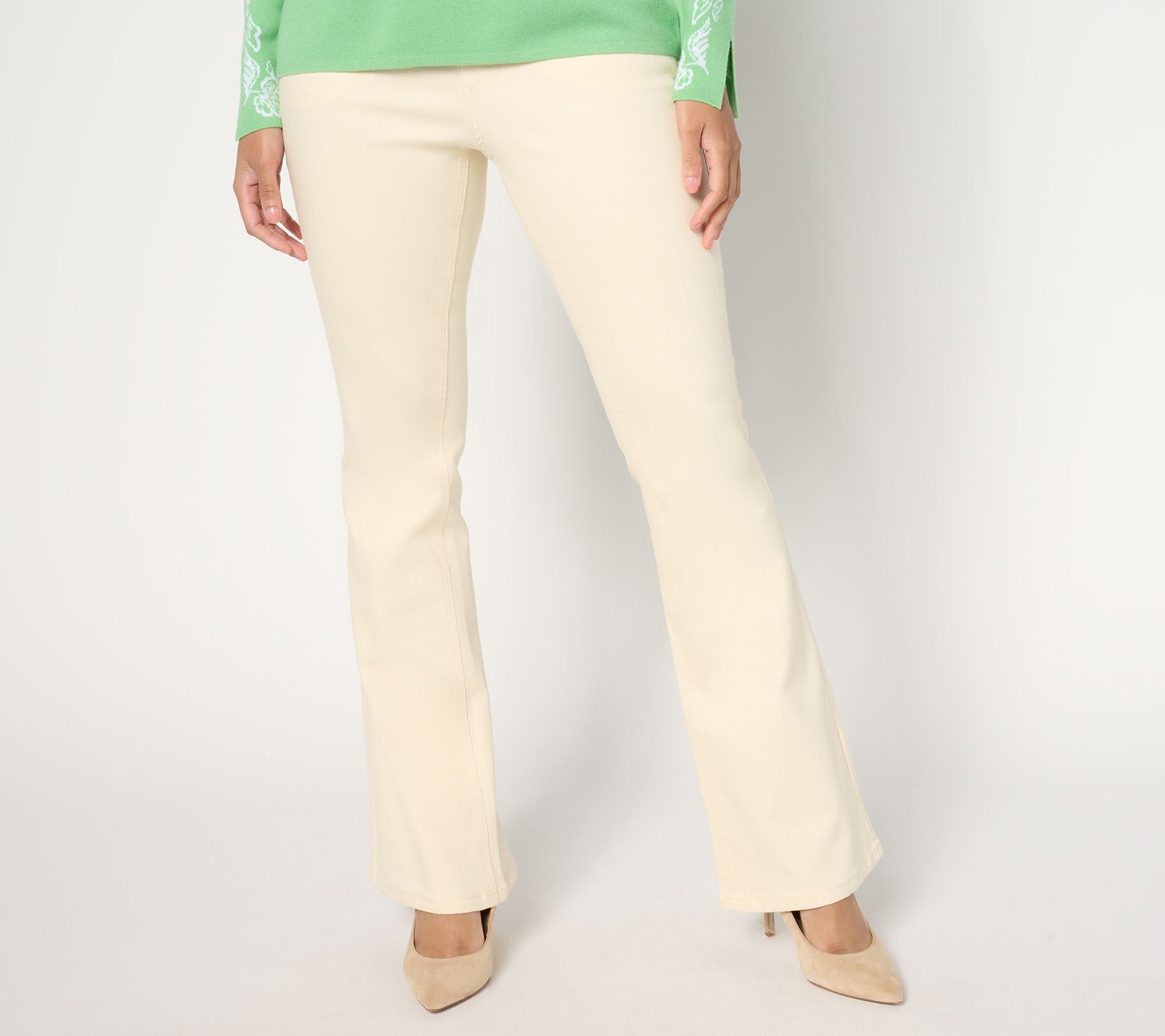 Susan Graver Petite Stretch Denim Pull-On Flare Jean -Ecru