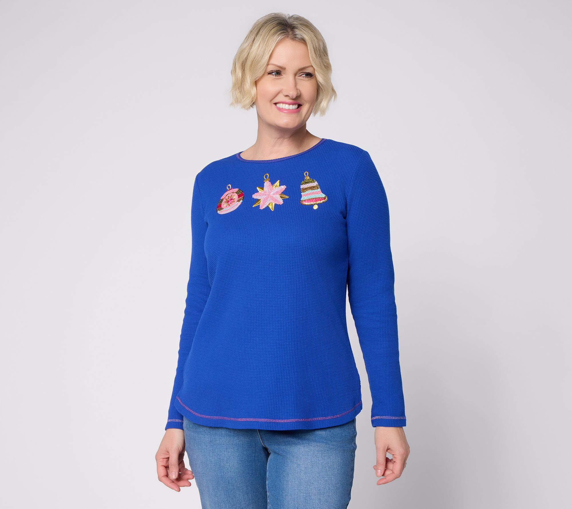 Quacker Factory Glitter Holiday Embellished Waffle Long Sleeve Top