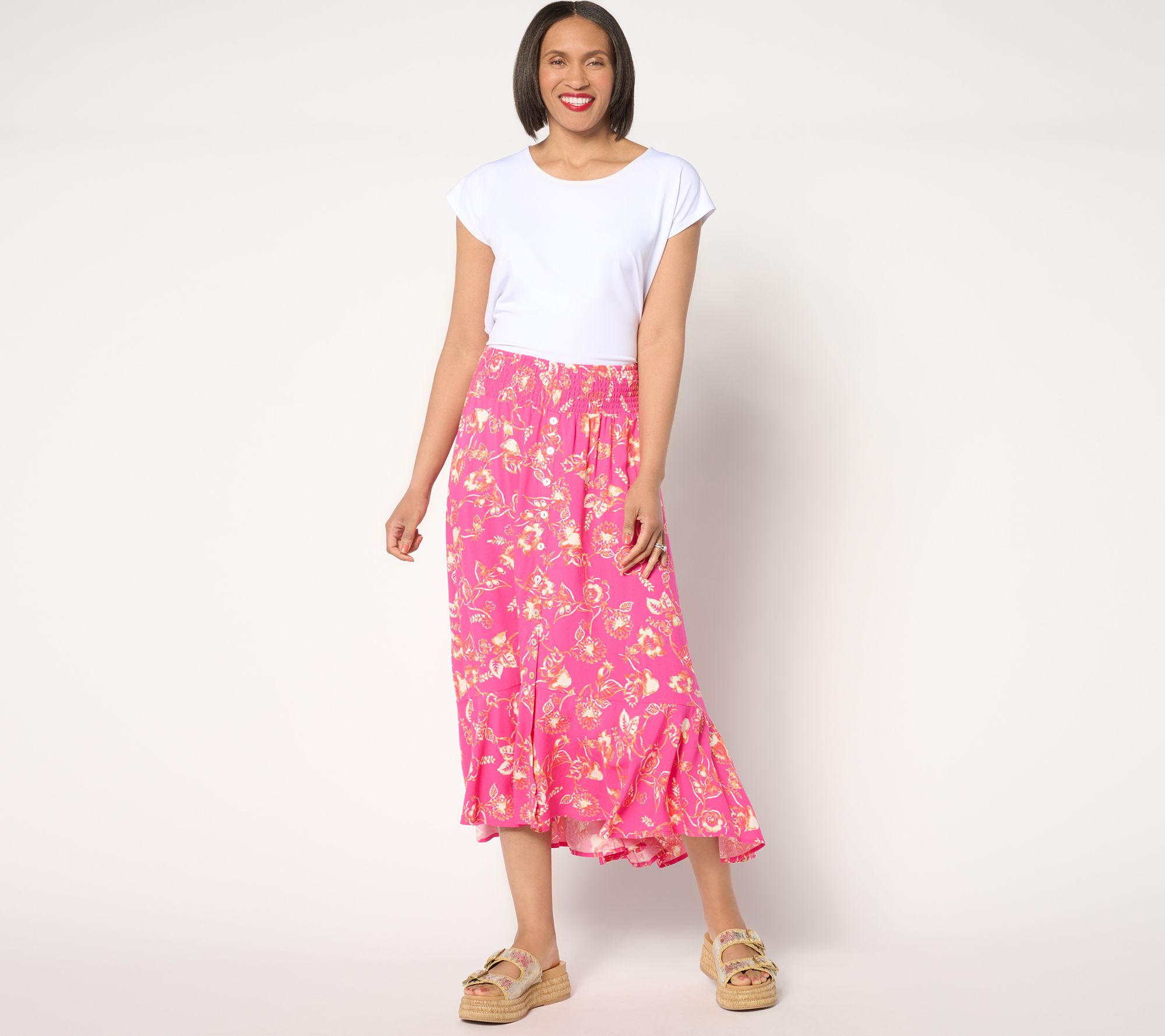 Susan Graver Passport Woven Button Front Smocked Skirt - QVC.com