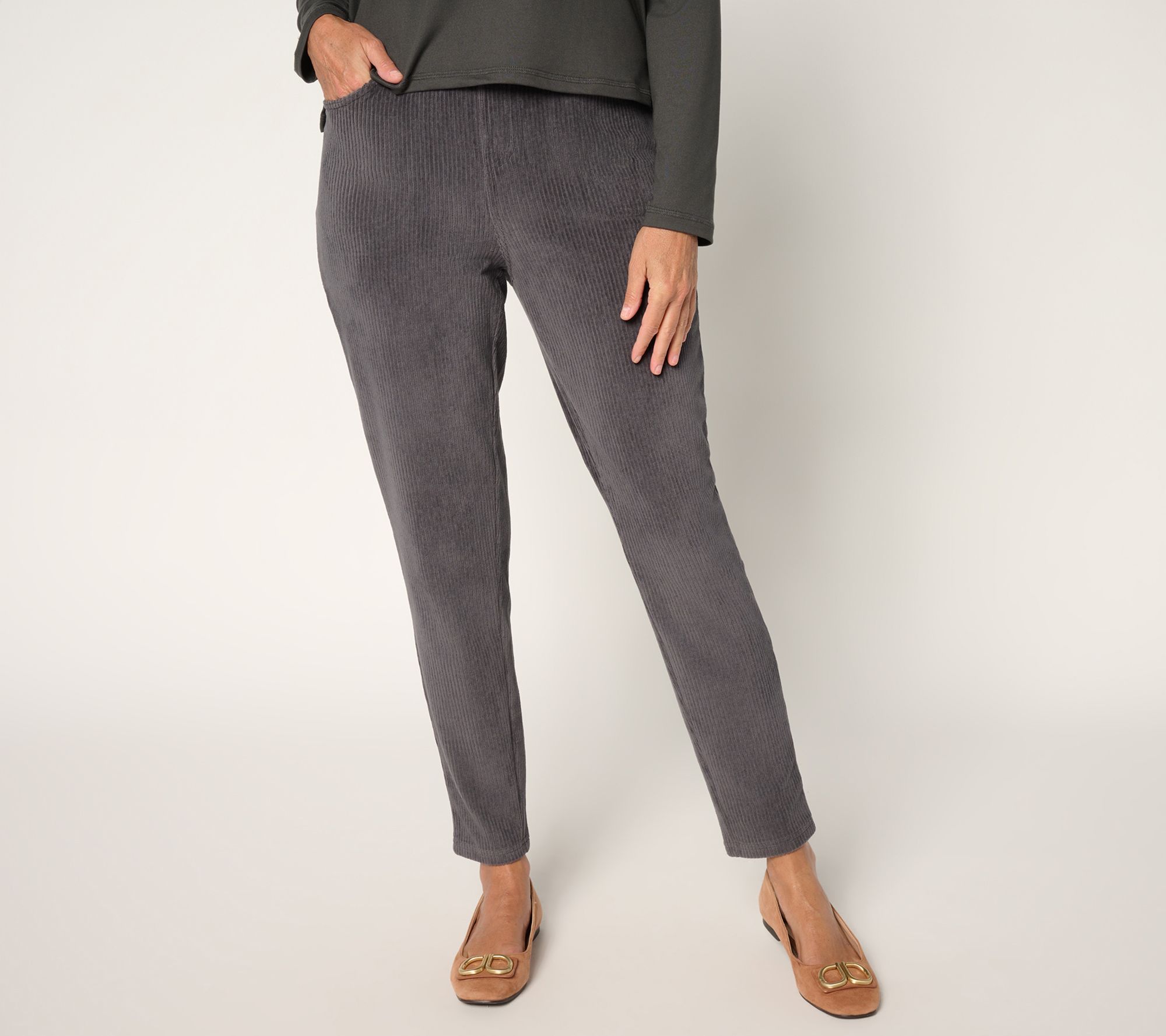 Quacker Factory Regular Corduroy Slim Leg Pant with Back Pockets