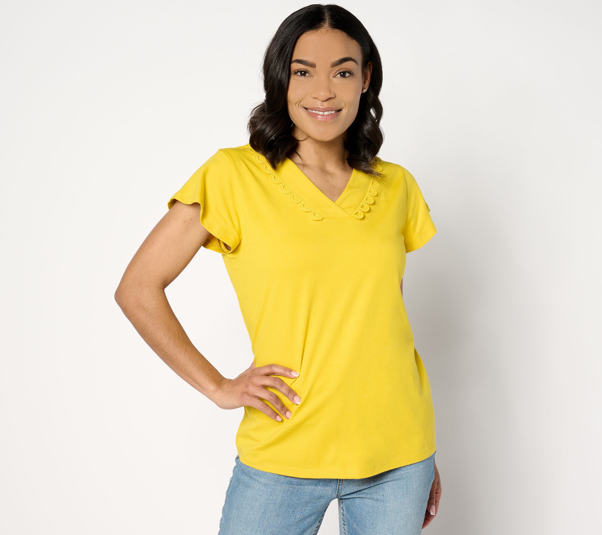 "As Is" Denim & Co. Crossover V-Neck Lace Flutter Sleeve Top