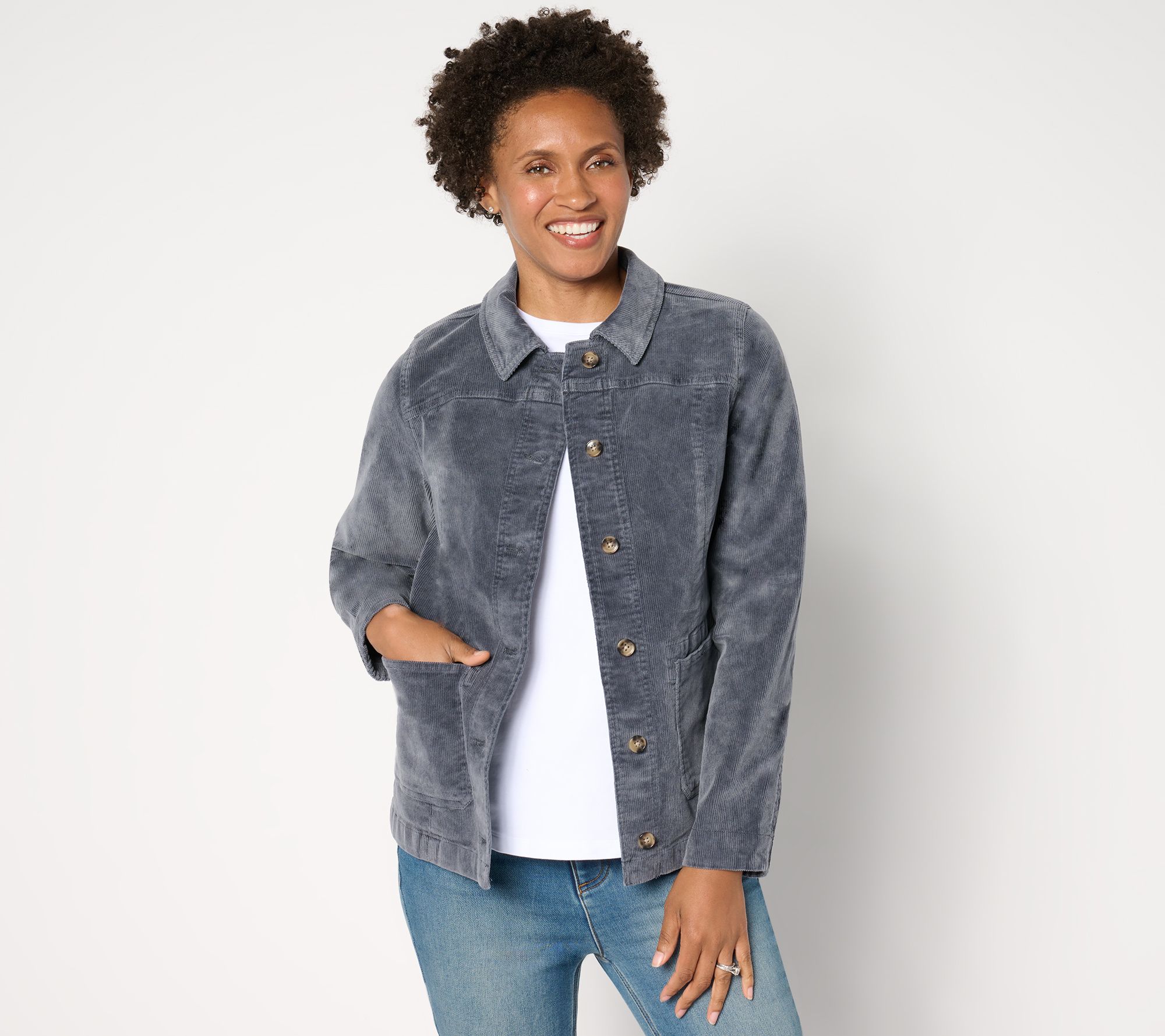 AnyBody Stretch Corduroy Collared Jacket with Pockets