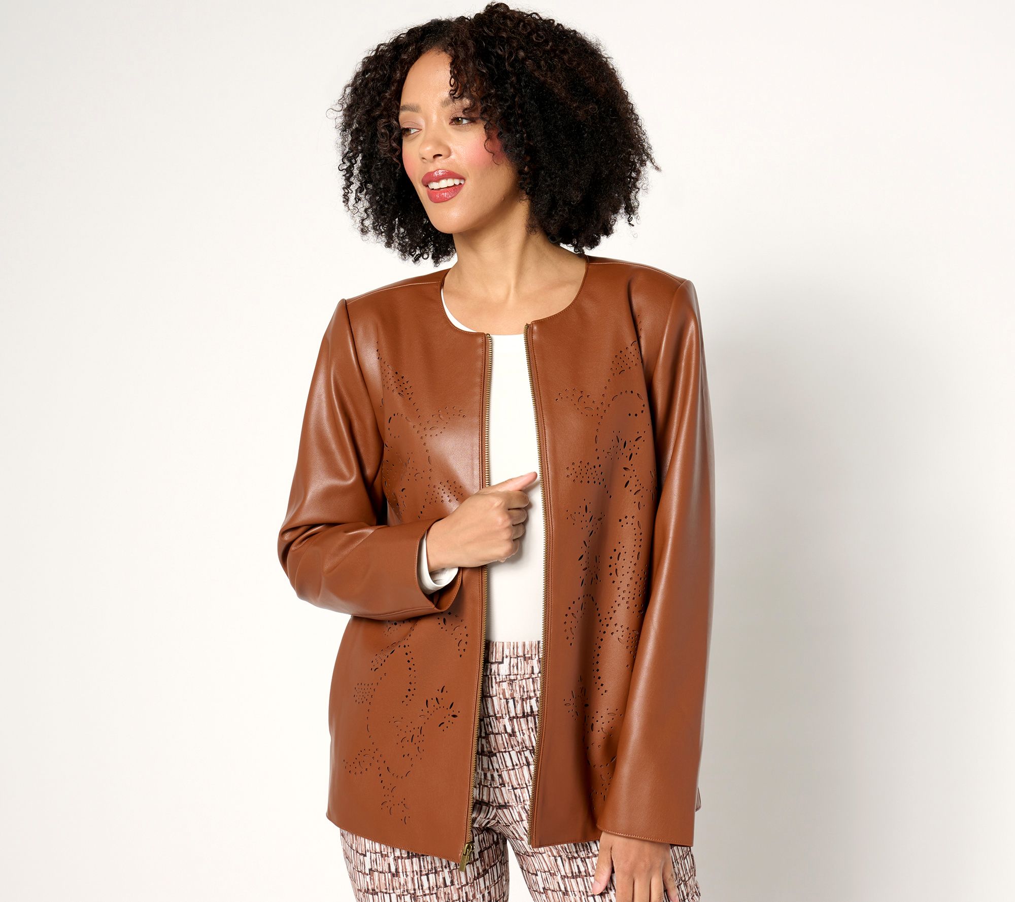 Susan Graver Faux Leather Jacket with Laser Cut Detail QVC