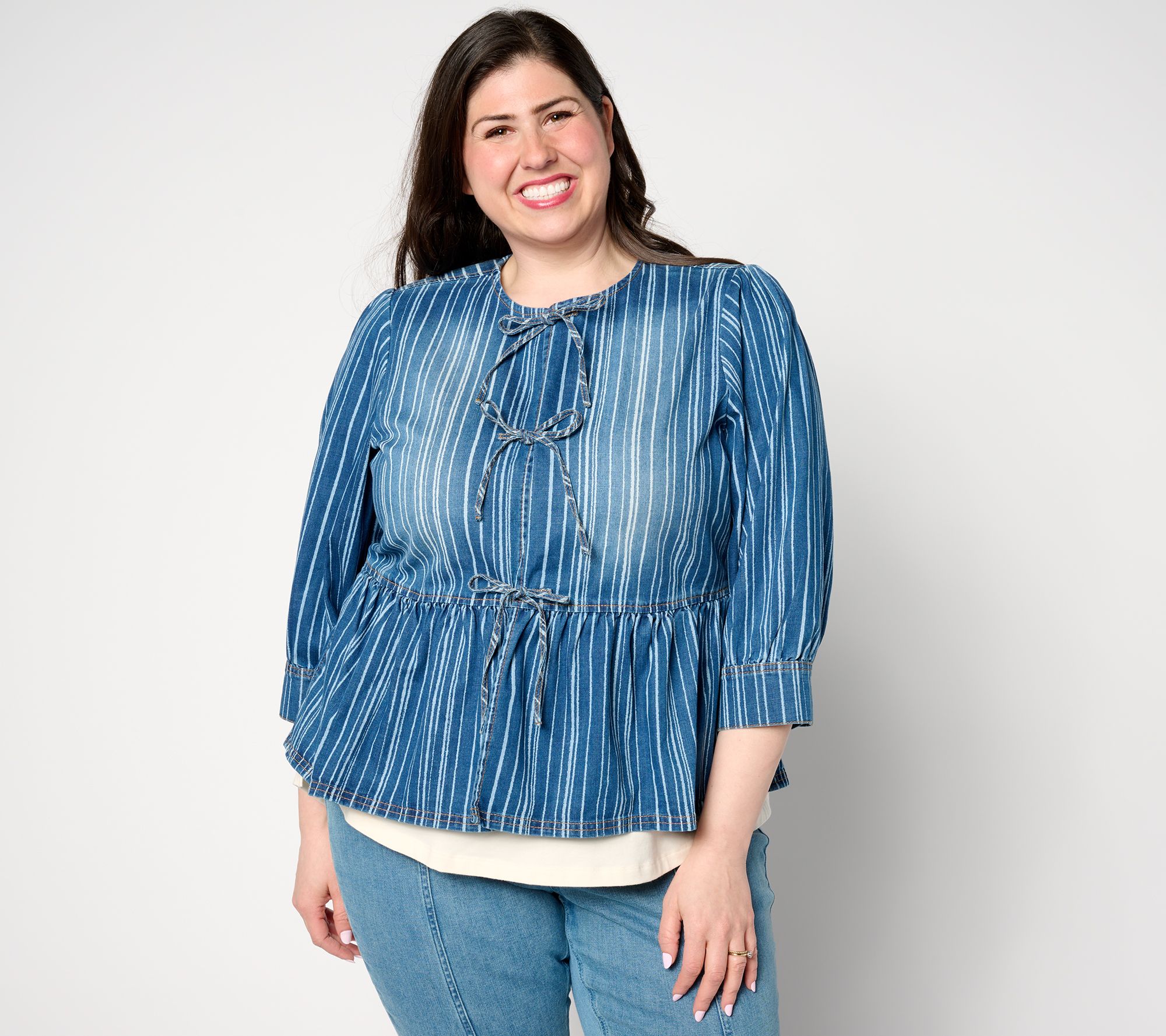 "As Is" LOGO by Lori Goldstein Printed Pinstripe Denim Jacket