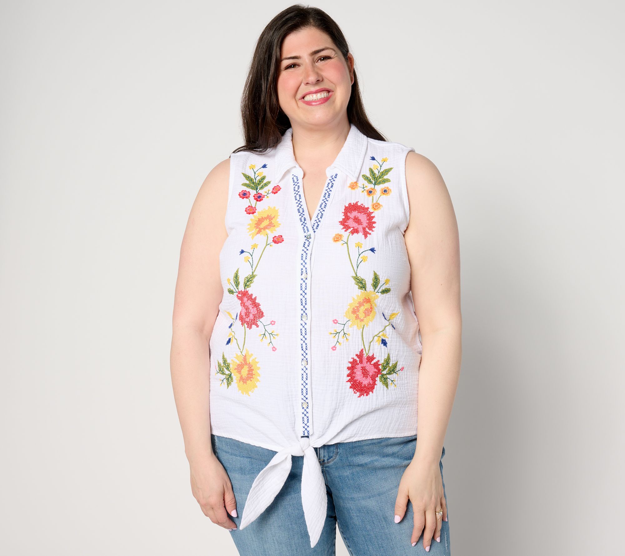 "As Is" Susan Graver PASSPORT Embroidered Cotton Gauze Tie Front Shirt