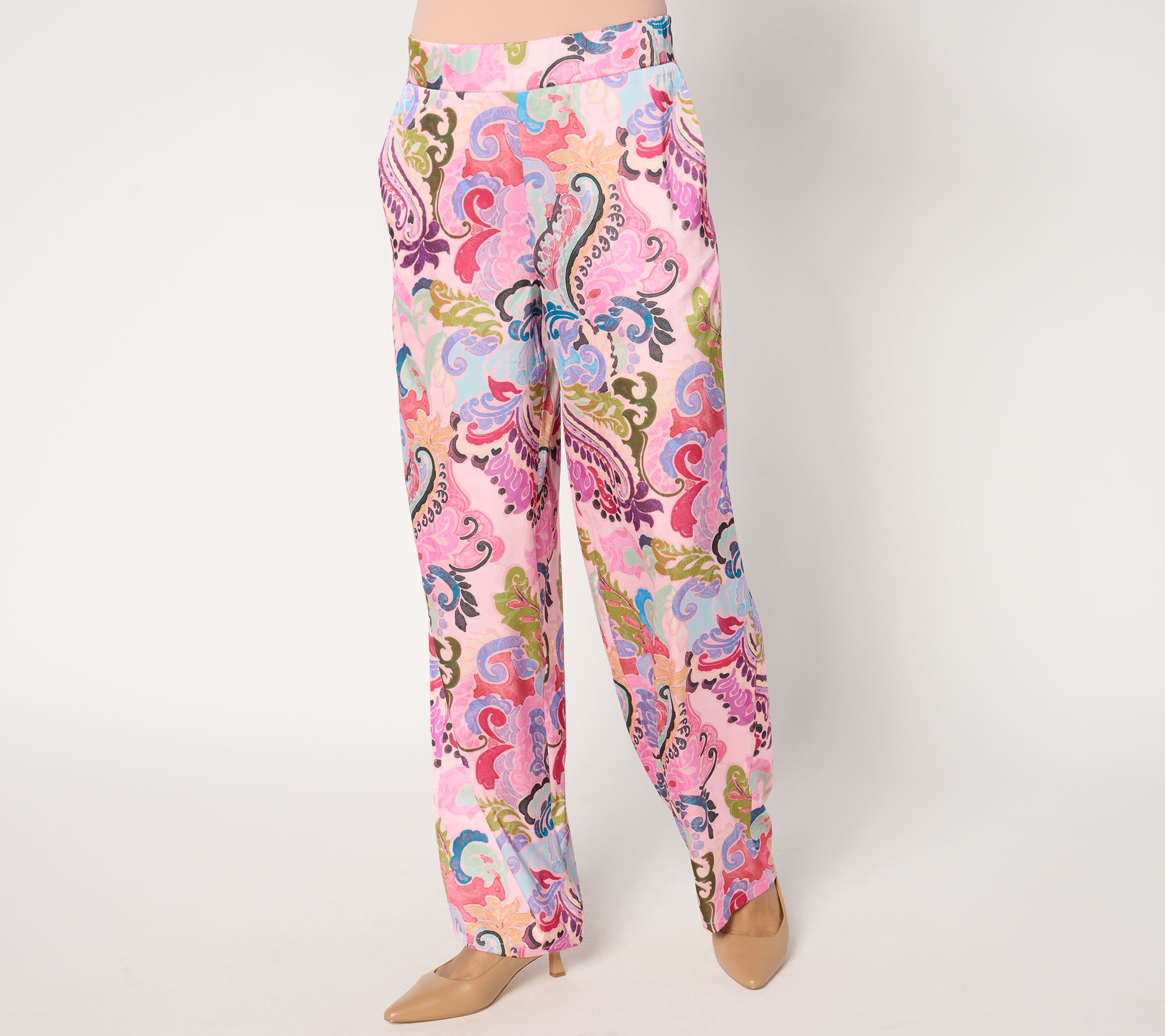 Susan Graver Petite Printed Stretch Satin Wide-Leg Pull-On Pants