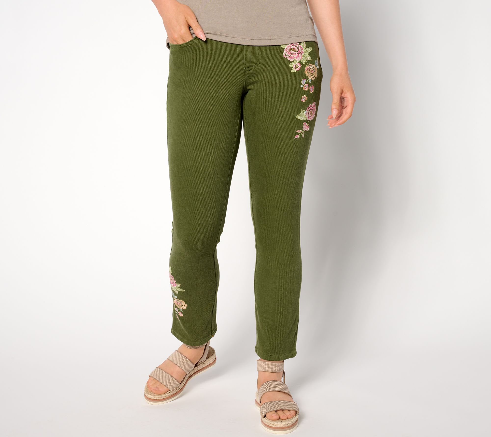 "As Is" Belle by Kim Gravel Reg Flexibelle Floral Straight Leg Ankle Jeans