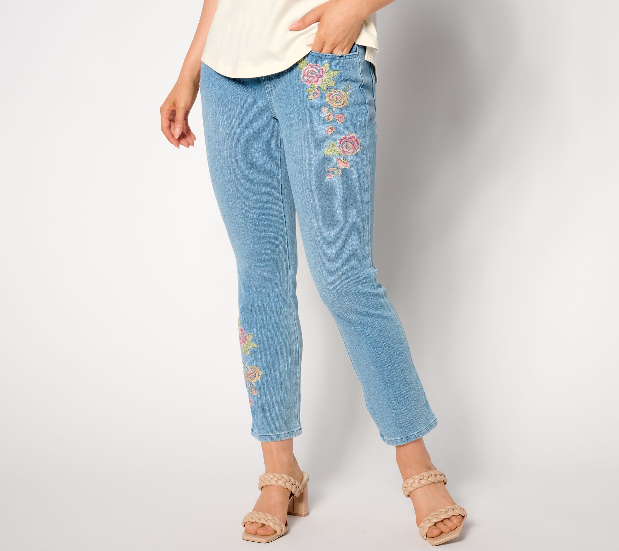 "As Is" Belle by Kim Gravel Reg Flexibelle Floral Straight Leg Ankle Jeans