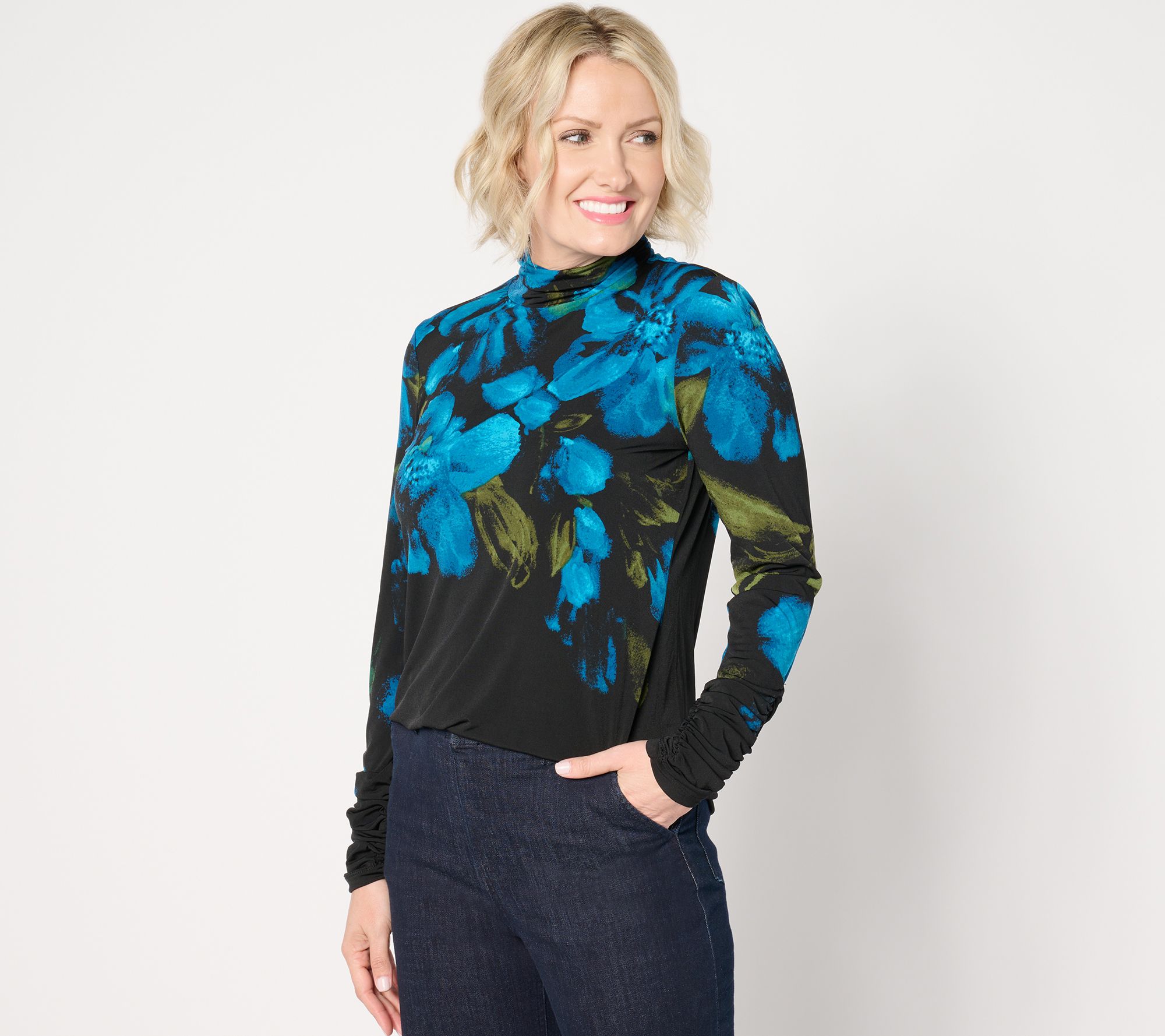 "As Is" Susan Graver Printed Regular Mesh Mock Neck Long Sleeve Top