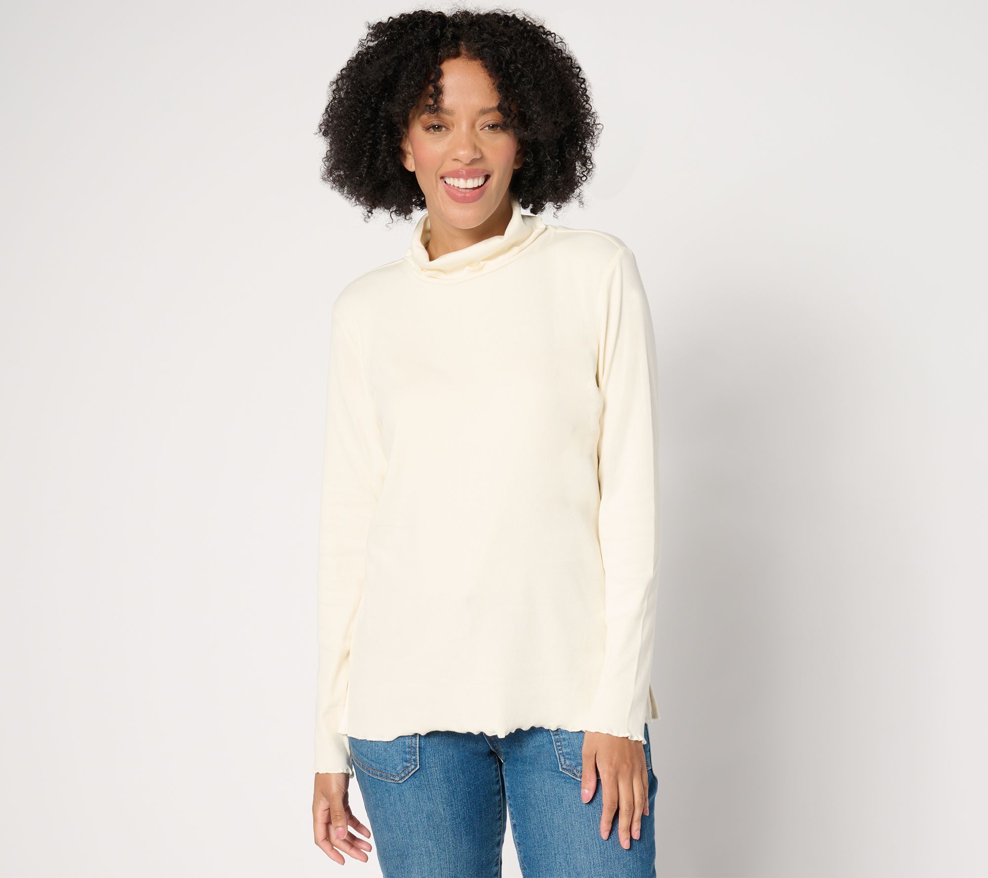 "As Is" Isaac Mizrahi Live! Essentials Pima Rib Lettuce Hem Turtleneck