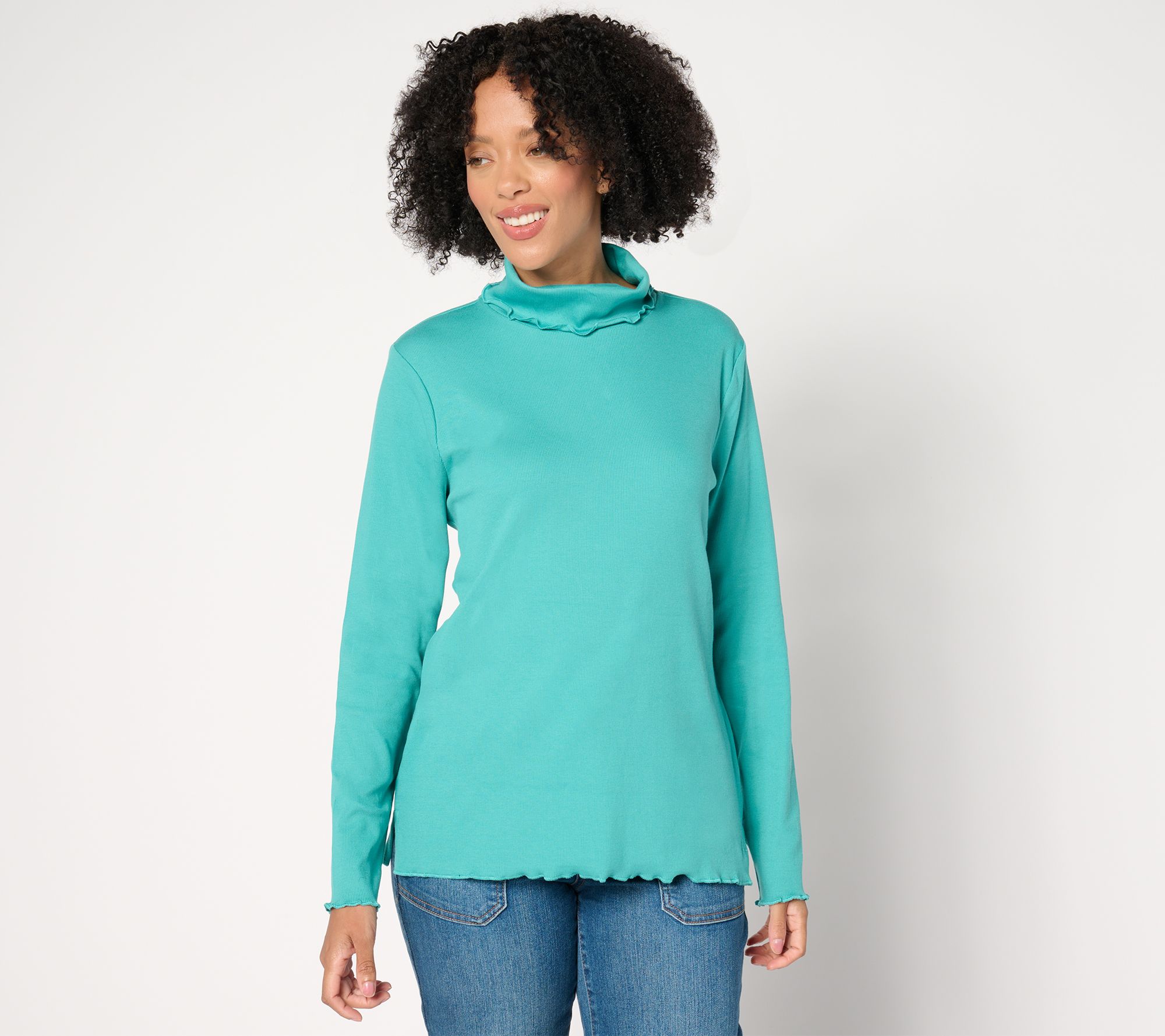 "As Is" Isaac Mizrahi Live! Essentials Pima Rib Lettuce Hem Turtleneck