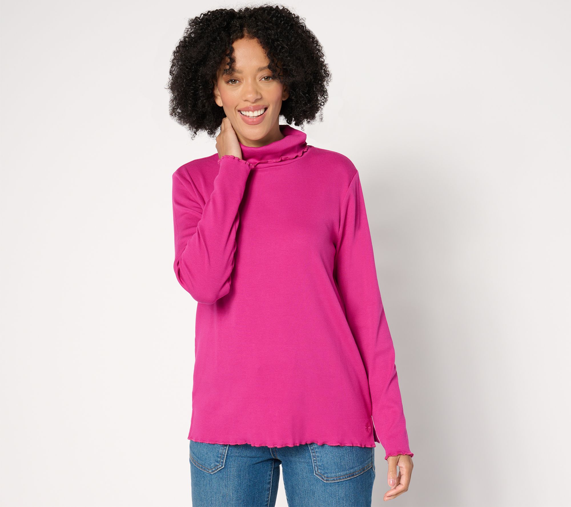 "As Is" Isaac Mizrahi Live! Essentials Pima Rib Lettuce Hem Turtleneck