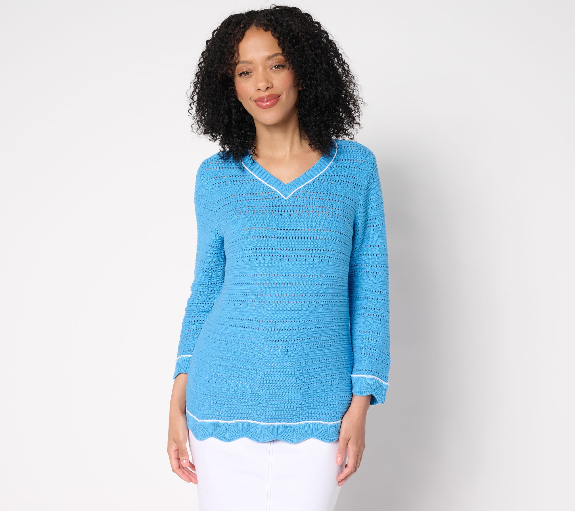 Denim & Co. Beach 100% Cotton 3/4 Sleeve V-Neck Sweater