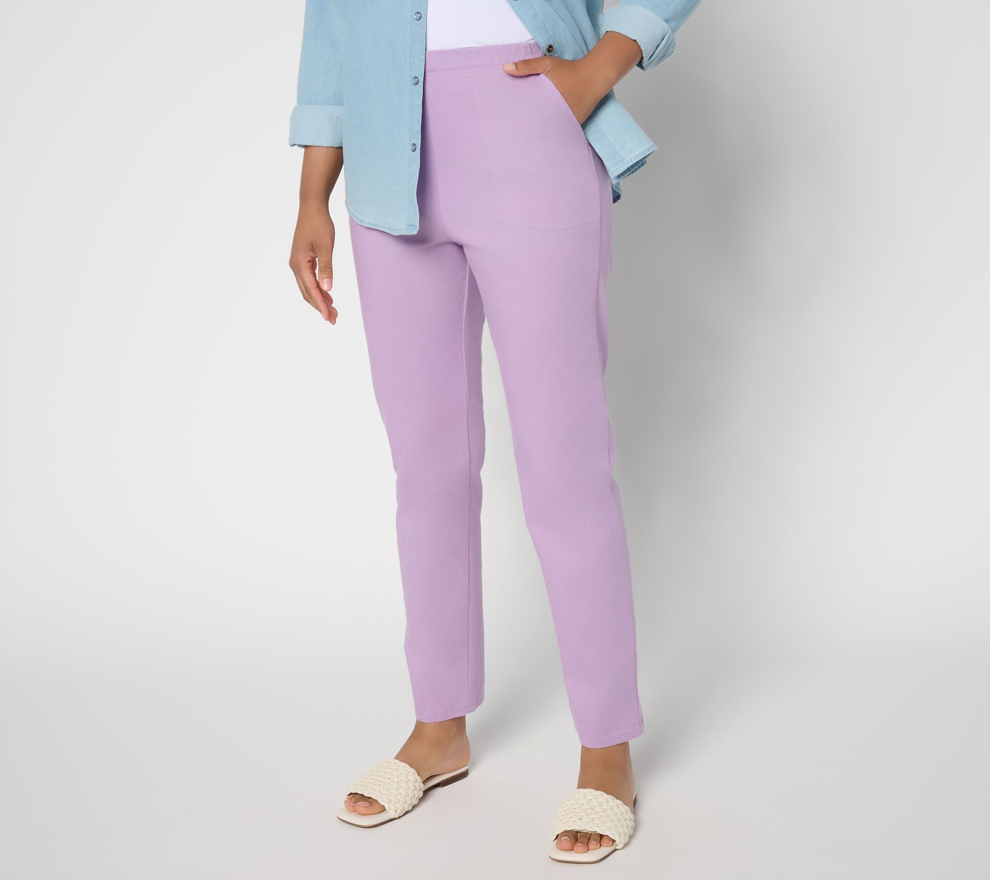 Denim & Co. Petite Color Flat Front Denim Side Pocket Pant