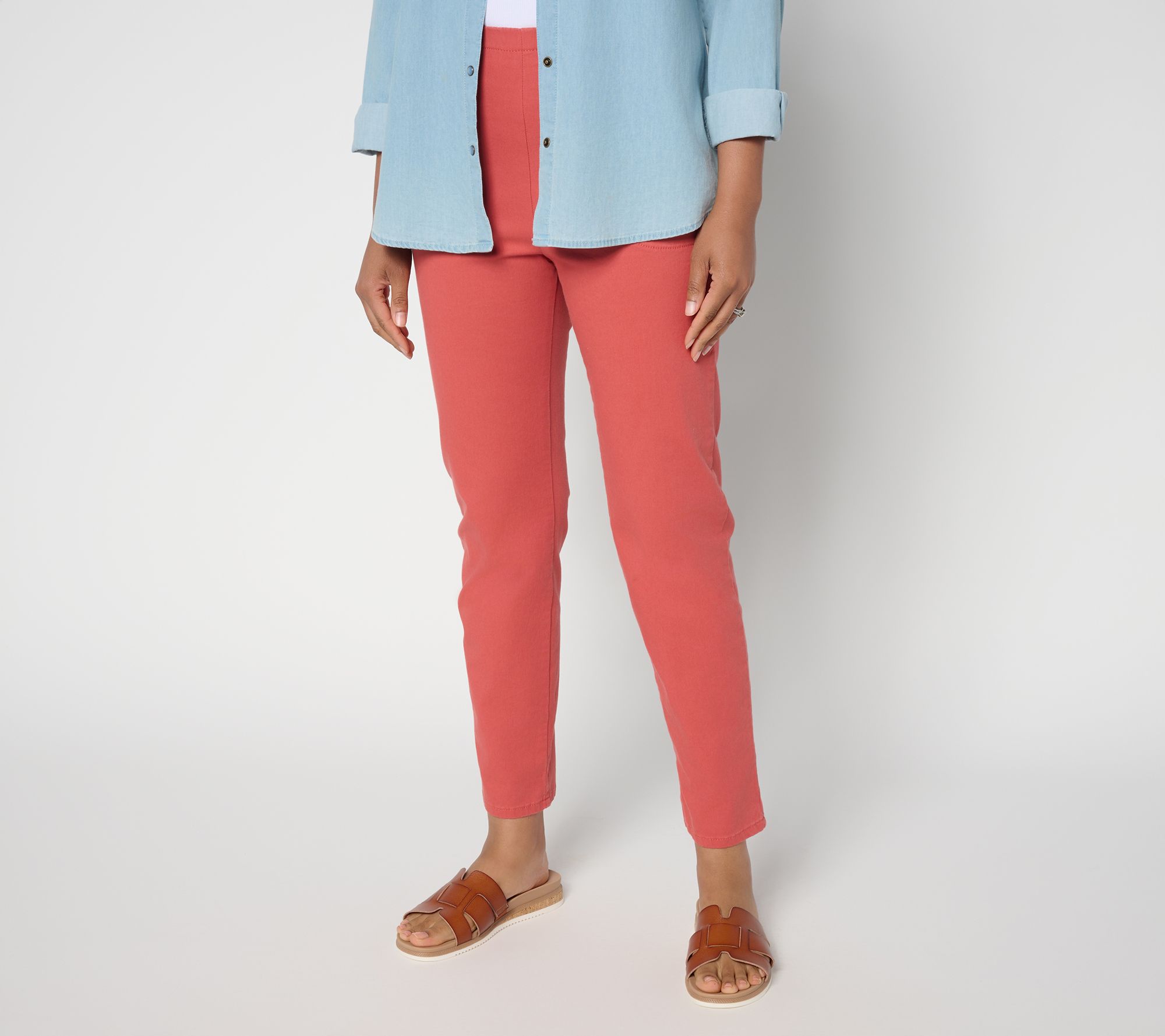 Denim & Co. Petite Color Flat Front Denim Side Pocket Pant