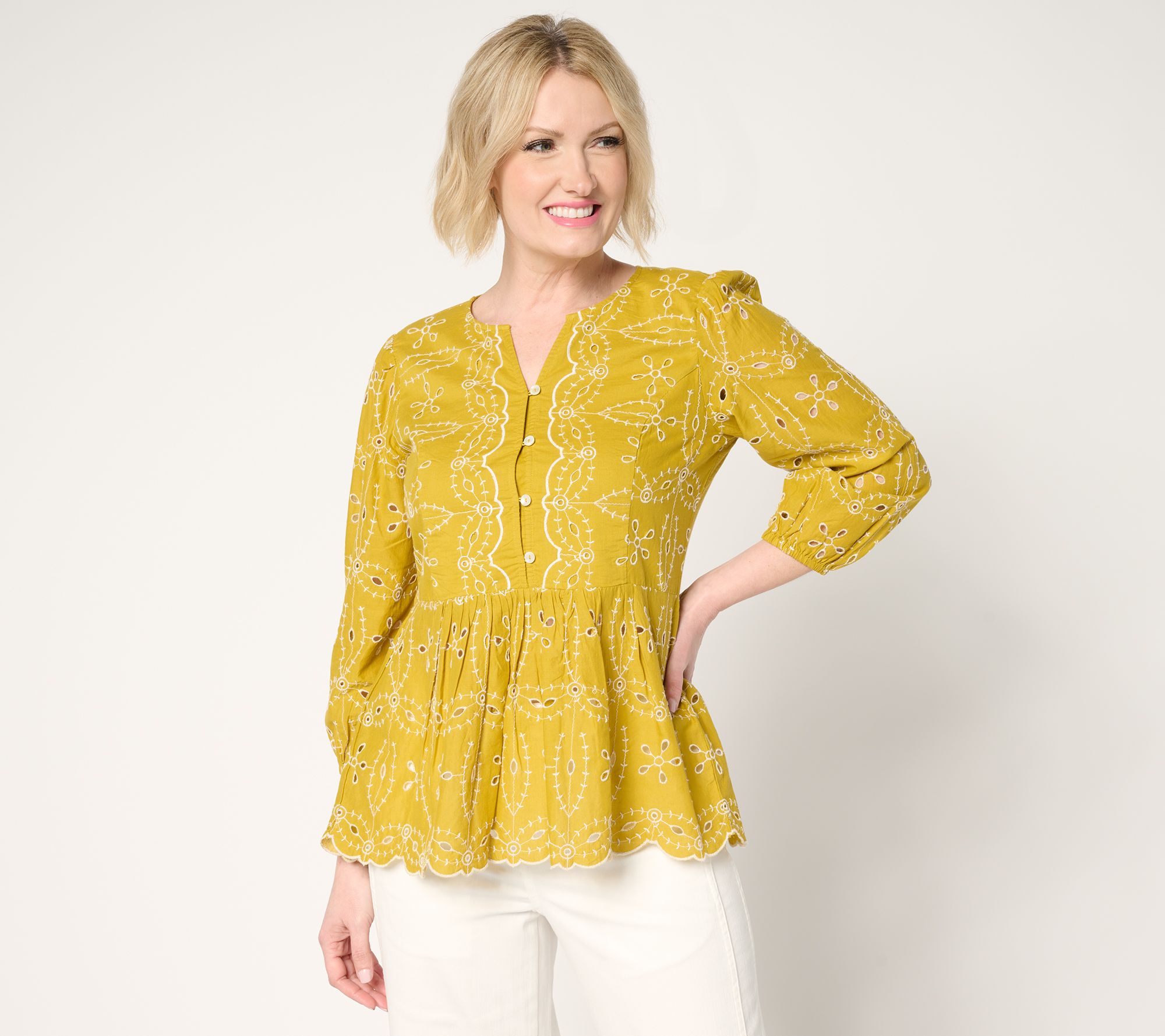 LOGO Lavish by Lori Goldstein 100% Cotton Eyelet Peplum Blouse