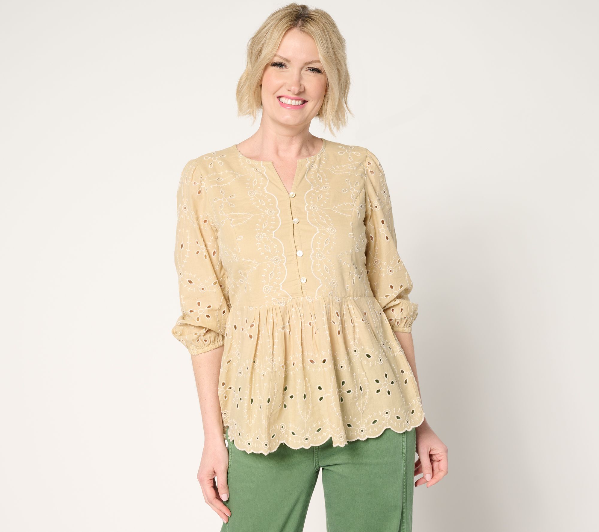 LOGO Lavish by Lori Goldstein 100% Cotton Eyelet Peplum Blouse