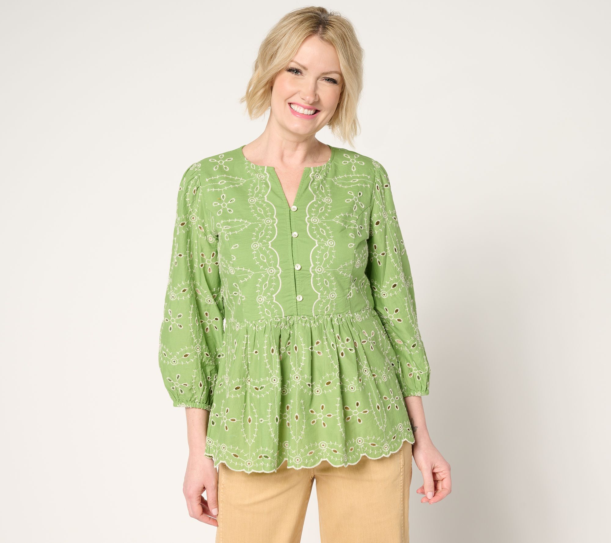 LOGO Lavish by Lori Goldstein 100% Cotton Eyelet Peplum Blouse