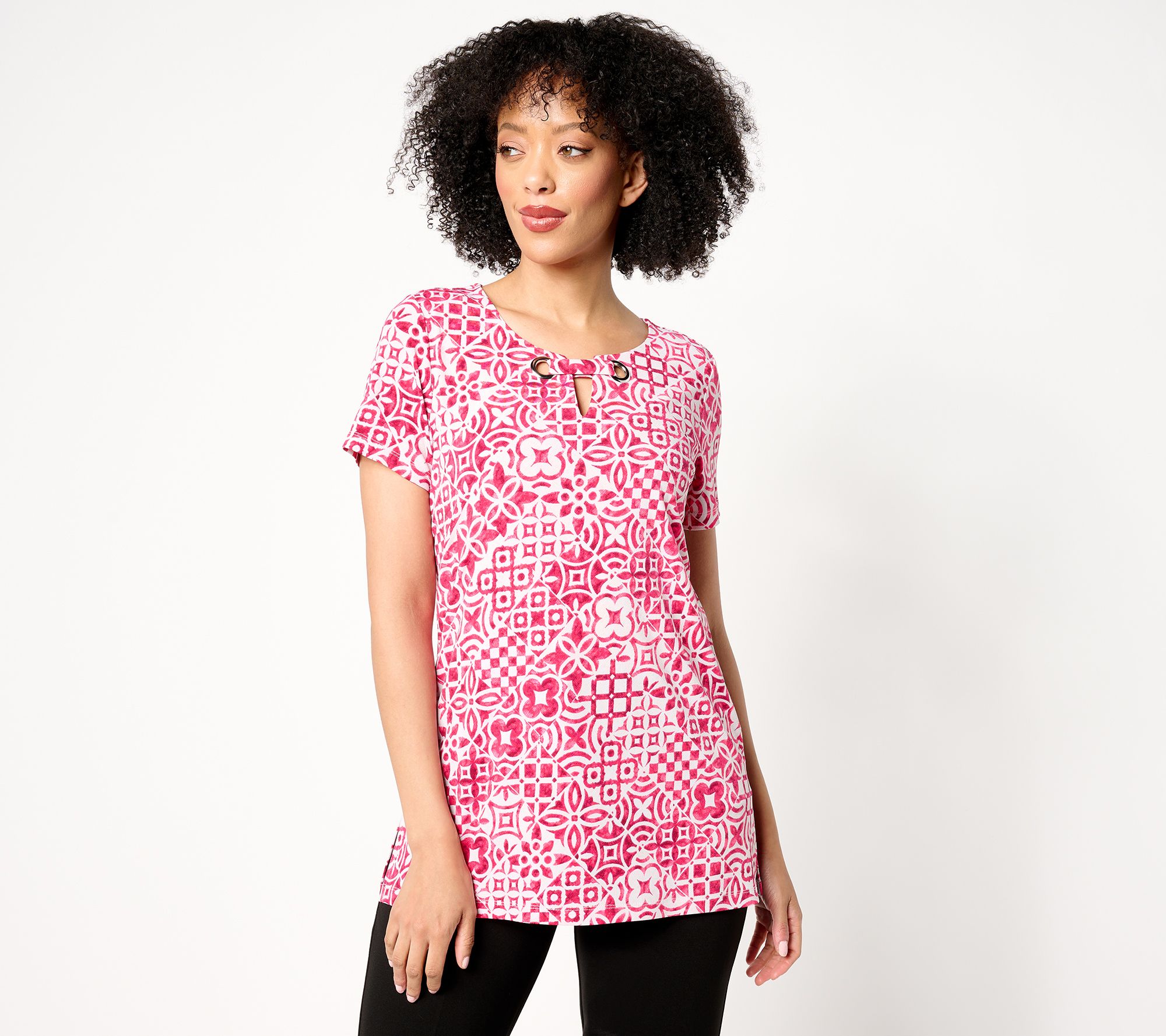 Susan Graver Regular Printed Liquid Knit Tunic with Grommet Detail