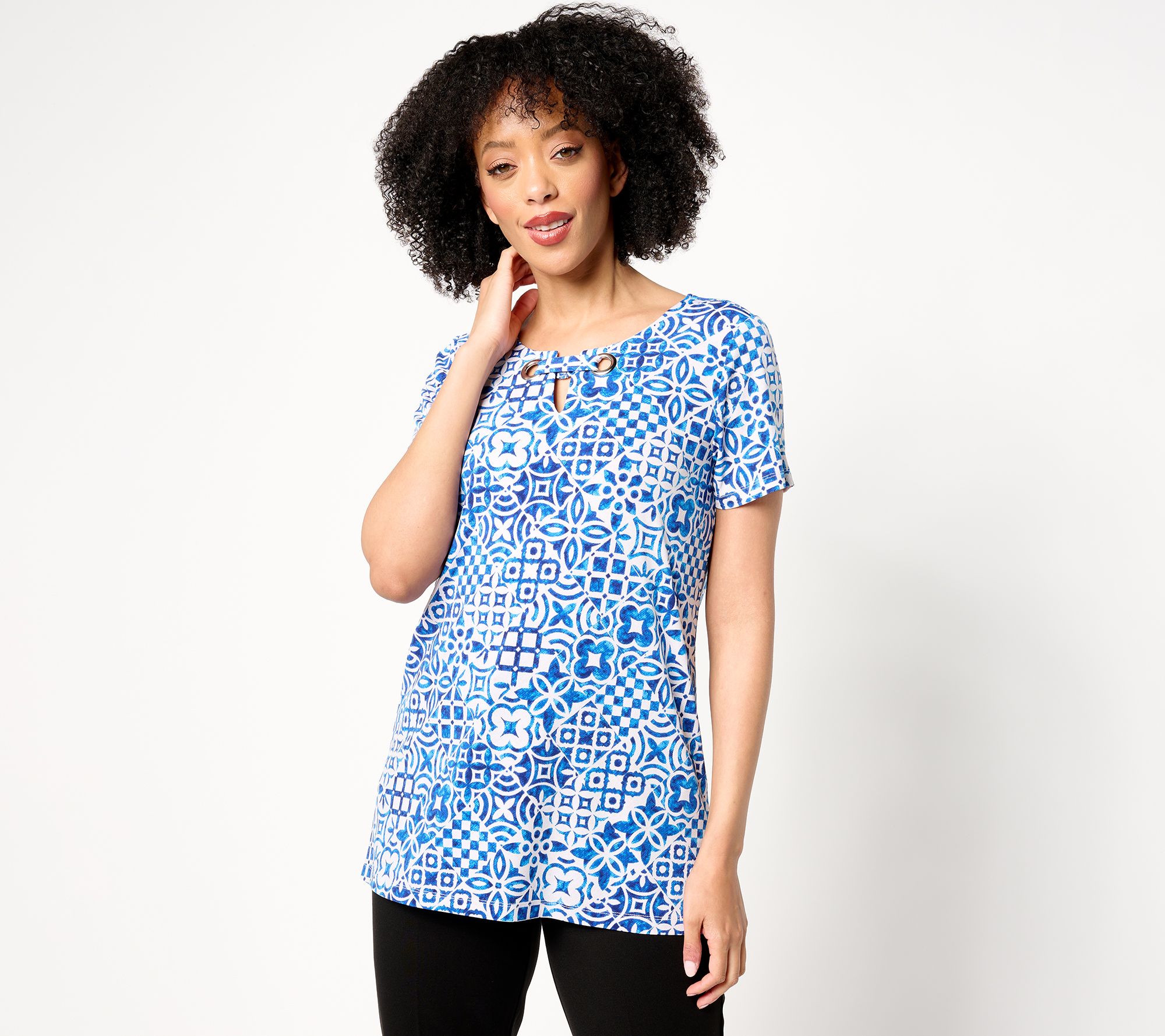 Susan Graver Regular Printed Liquid Knit Tunic with Grommet Detail