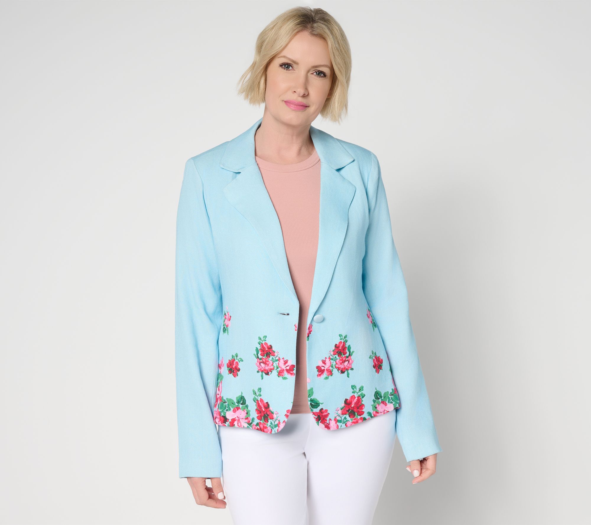Isaac Mizrahi Live! Linen Blend Border Print Single Breasted Blazer