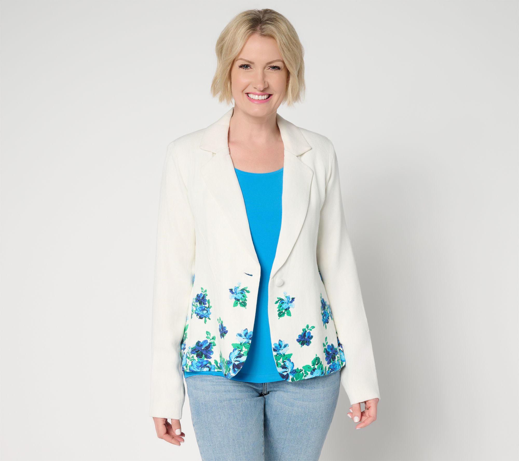 Isaac Mizrahi Live! Linen Blend Border Print Single Breasted Blazer