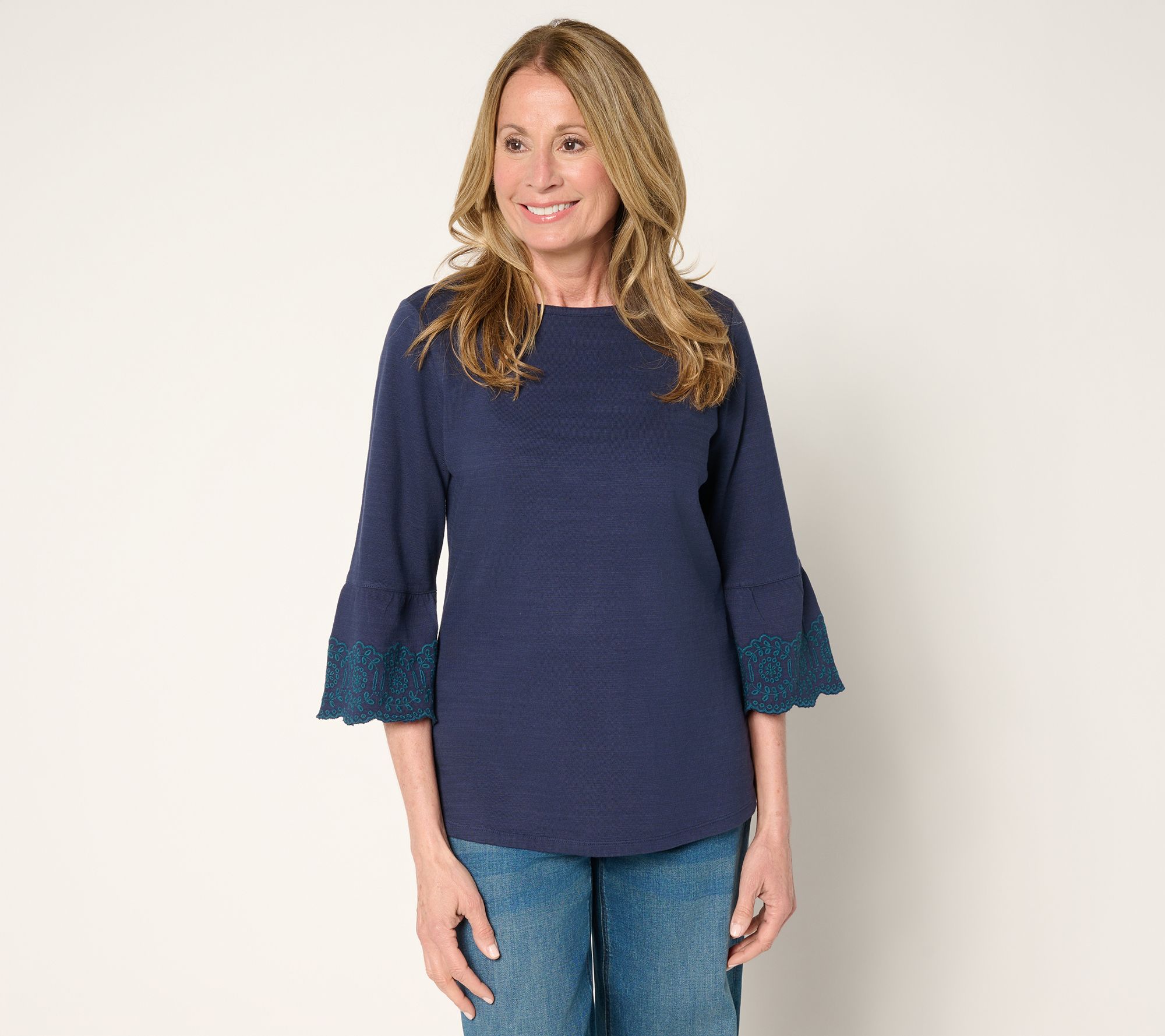 Denim & Co. Textured Cotton Boat Neck 3/4 Sleeve Embroidered Top