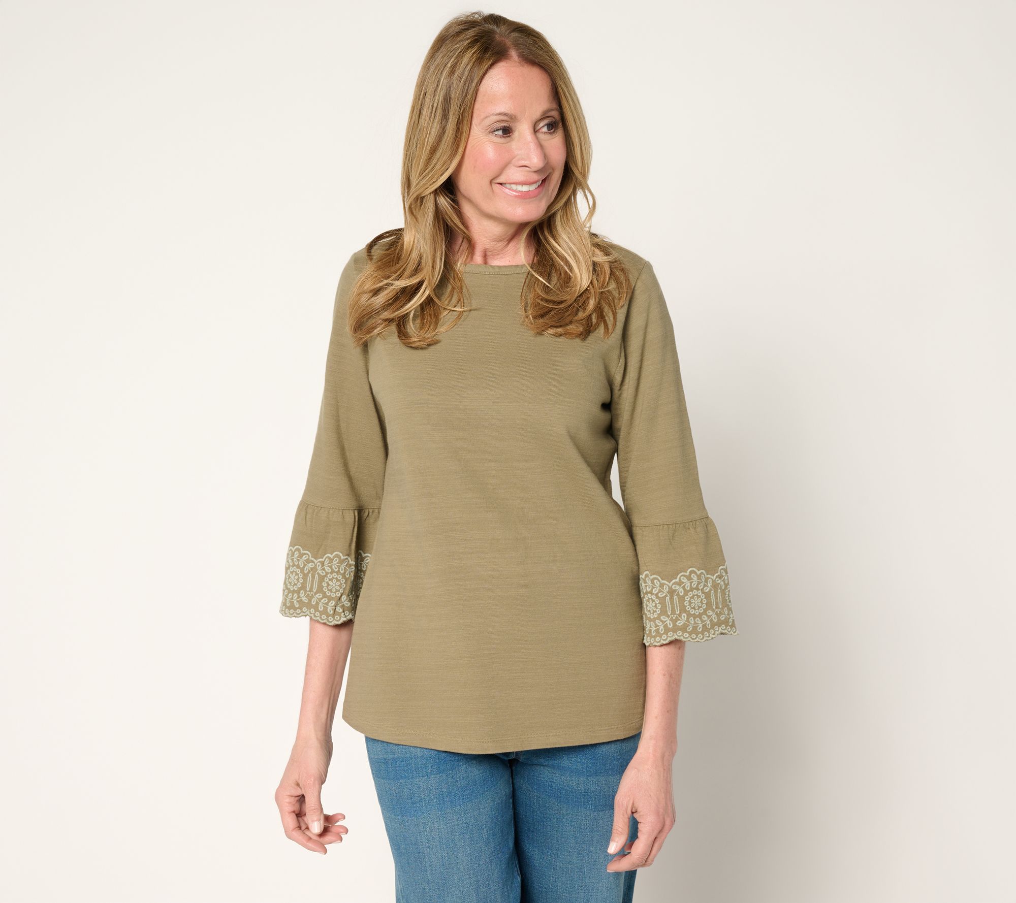 Denim & Co. Textured Cotton Boat Neck 3/4 Sleeve Embroidered Top