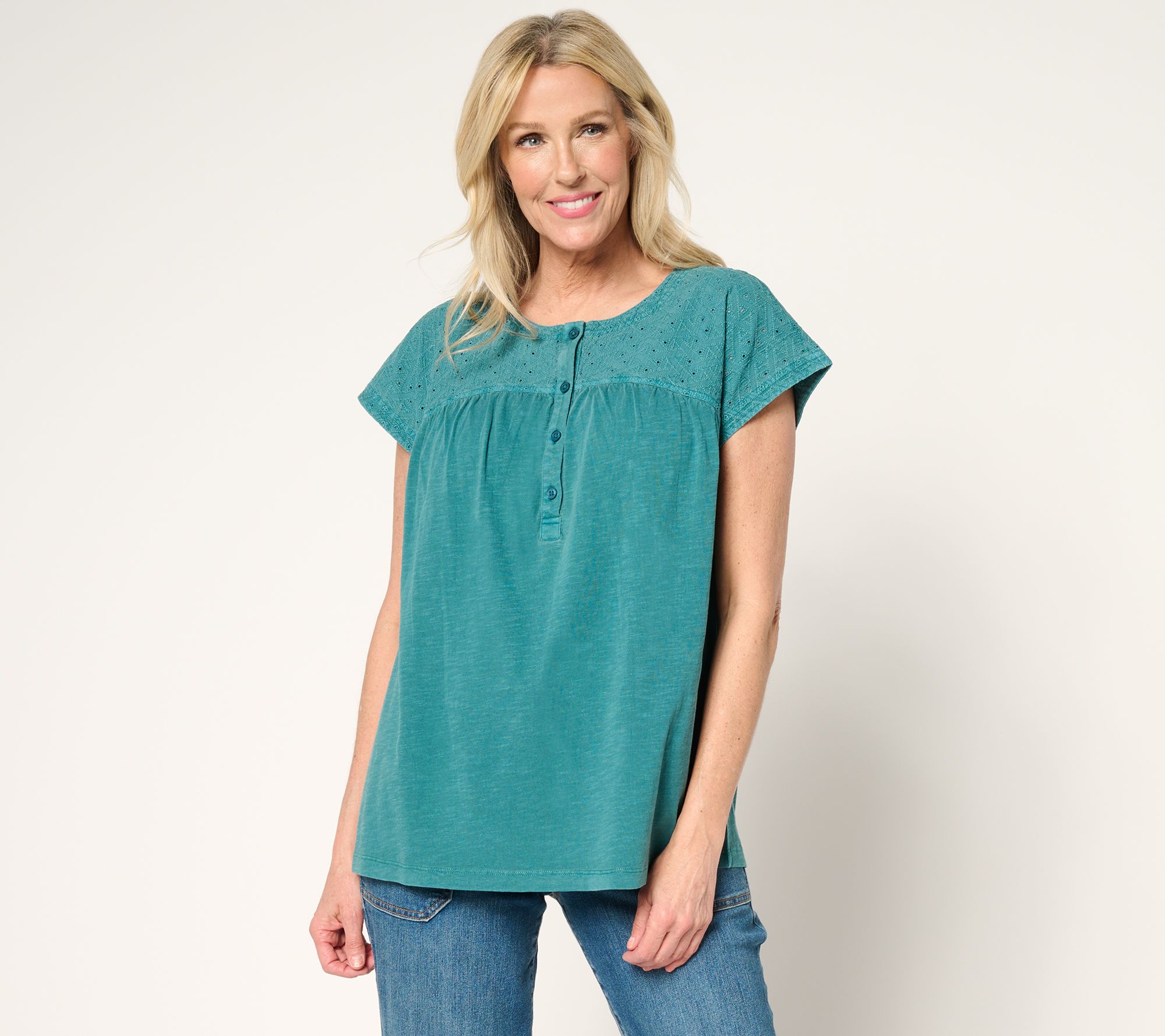 LOGO by Lori Goldstein 100% Cotton Embroidered Yoke Slub Tee