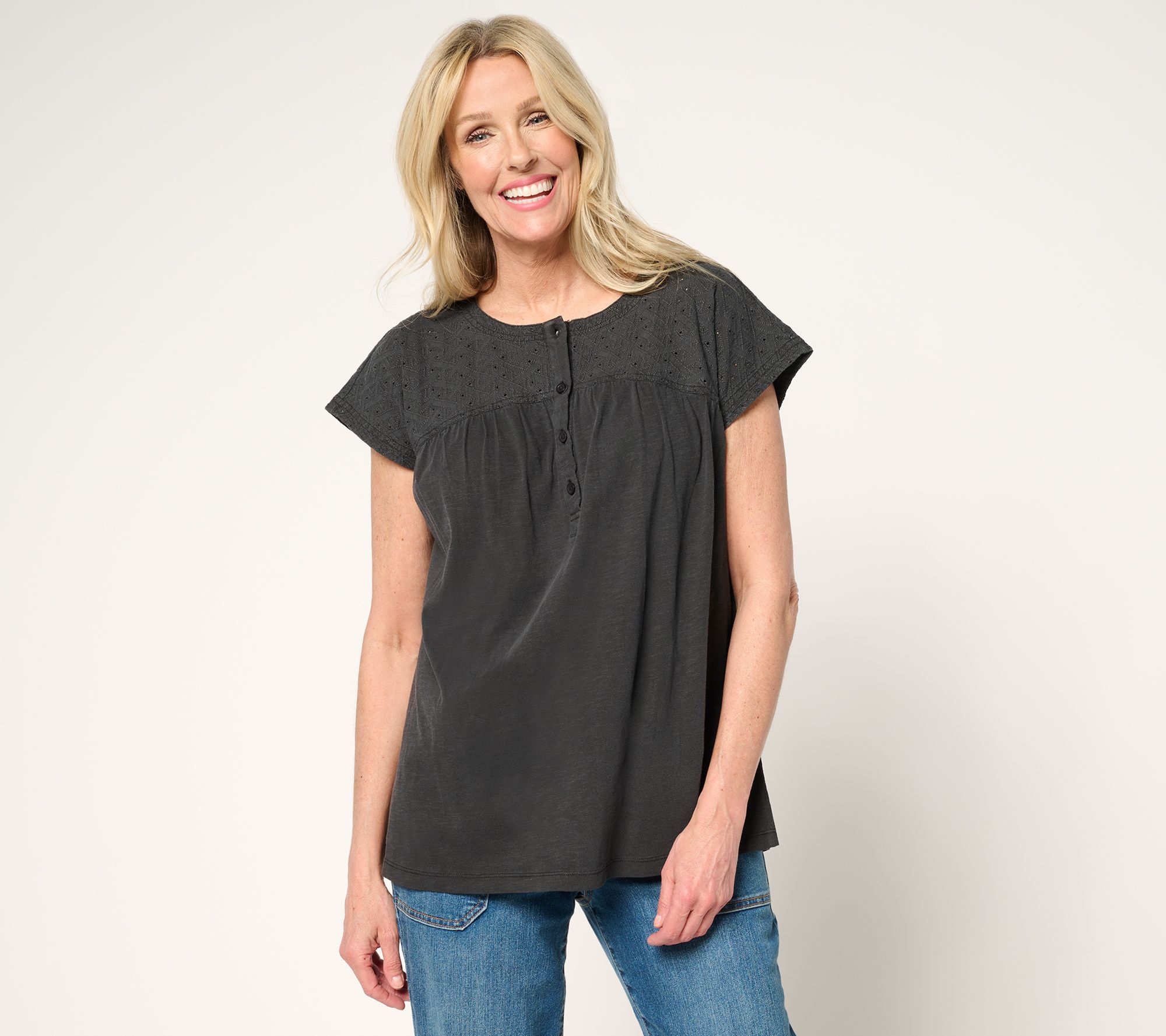LOGO by Lori Goldstein 100% Cotton Embroidered Yoke Slub Tee