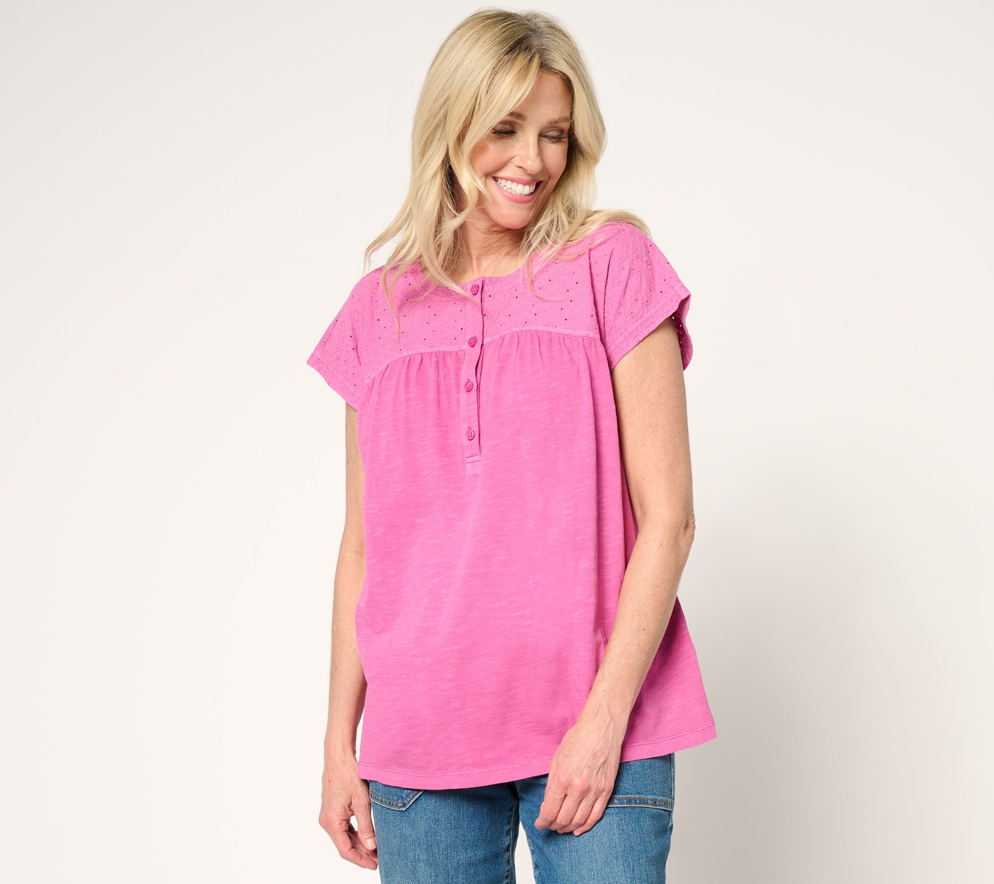 LOGO by Lori Goldstein 100% Cotton Embroidered Yoke Slub Tee
