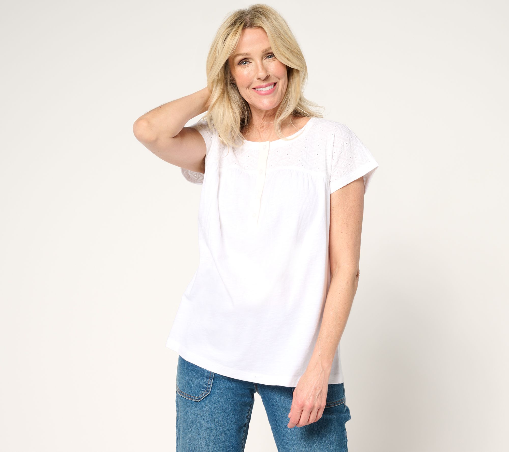 LOGO by Lori Goldstein 100% Cotton Embroidered Yoke Slub Tee