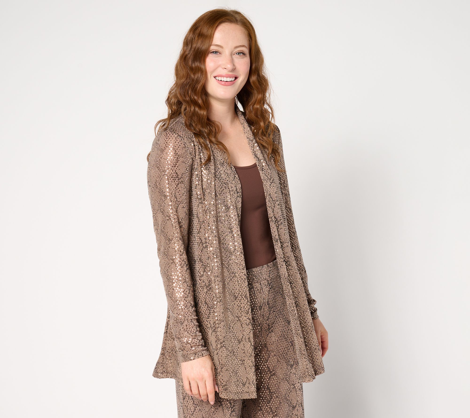 "As Is" Susan Graver Occasion Pet Metallic Knit Foil Print Cardigan