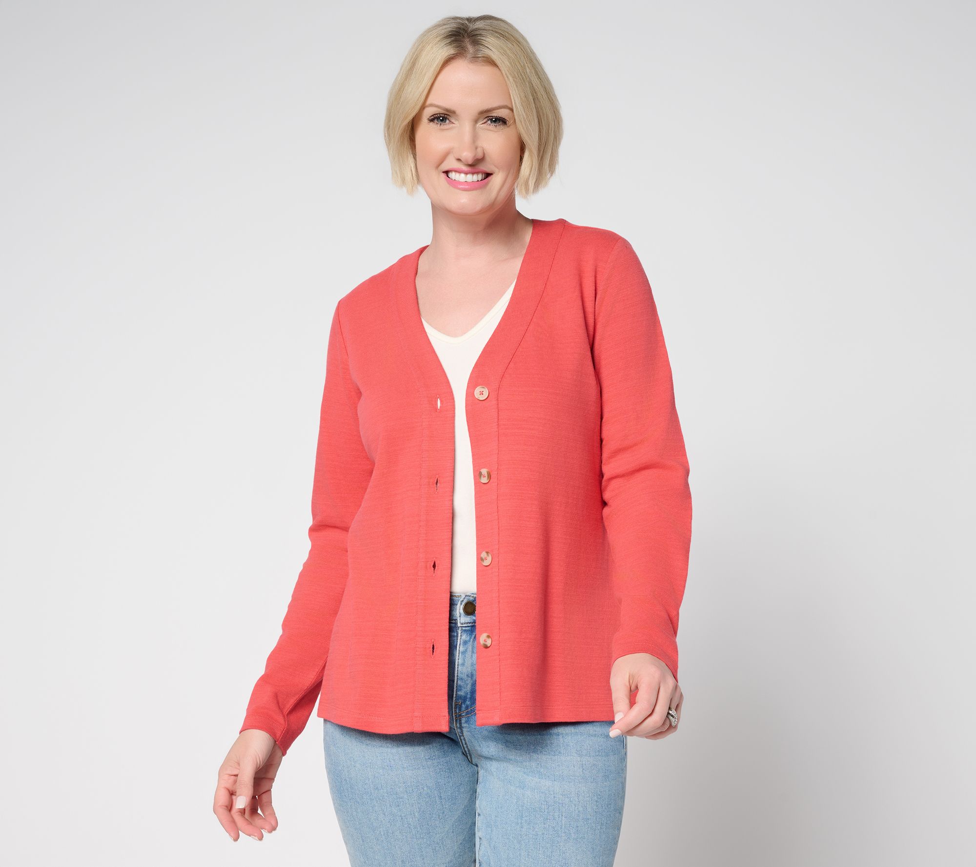 売れ筋商品|||カスパー ニット&セーター アウター レディース Round-Neck Long-Sleeve Button Front Cardigan, Regular & Plus Crimson Denim & Co. Textured Cotton Long Sleeve Button Front