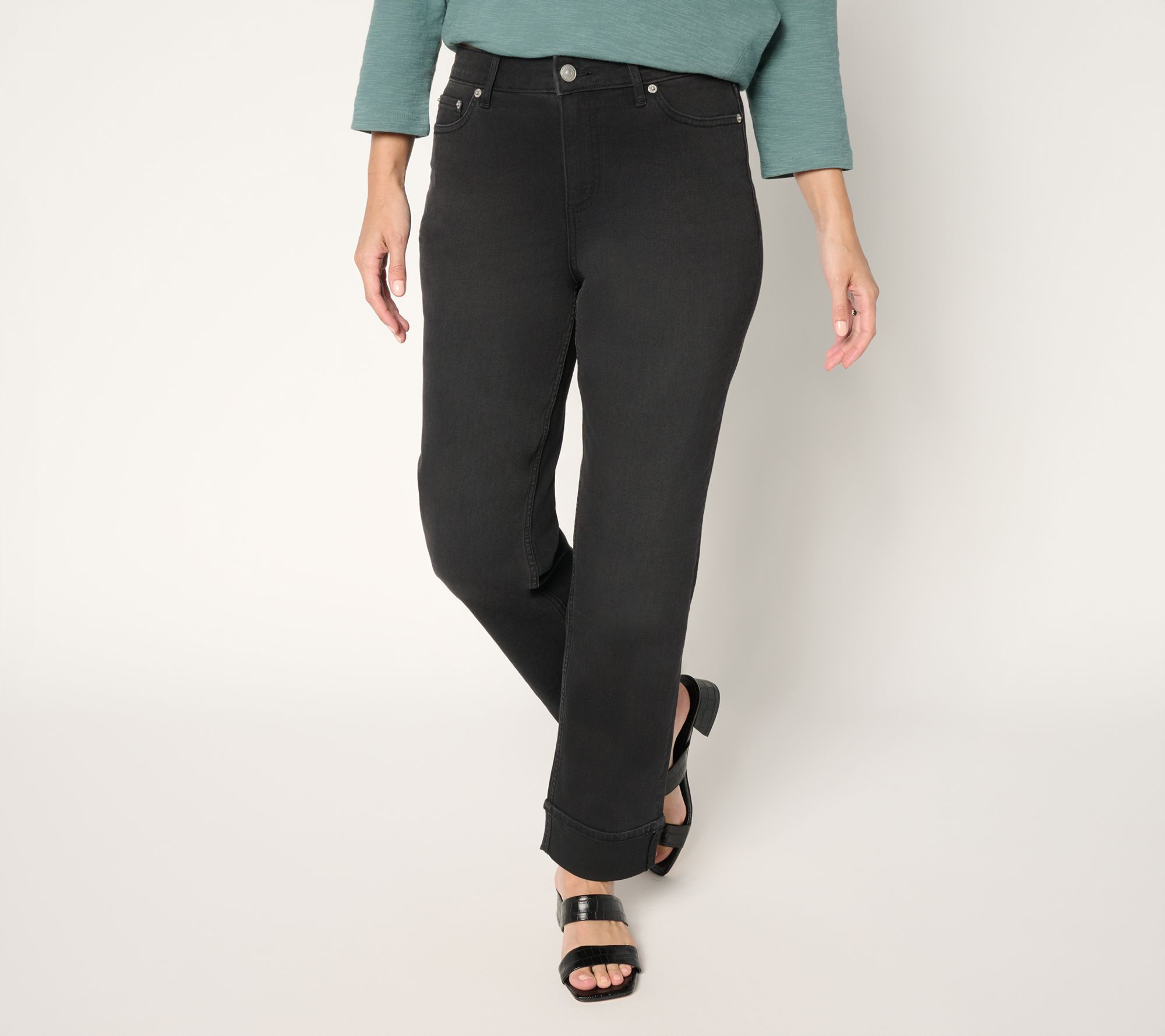 LOGO by Lori Goldstein Petite Black Turn-Up Cuff Ankle Jeans