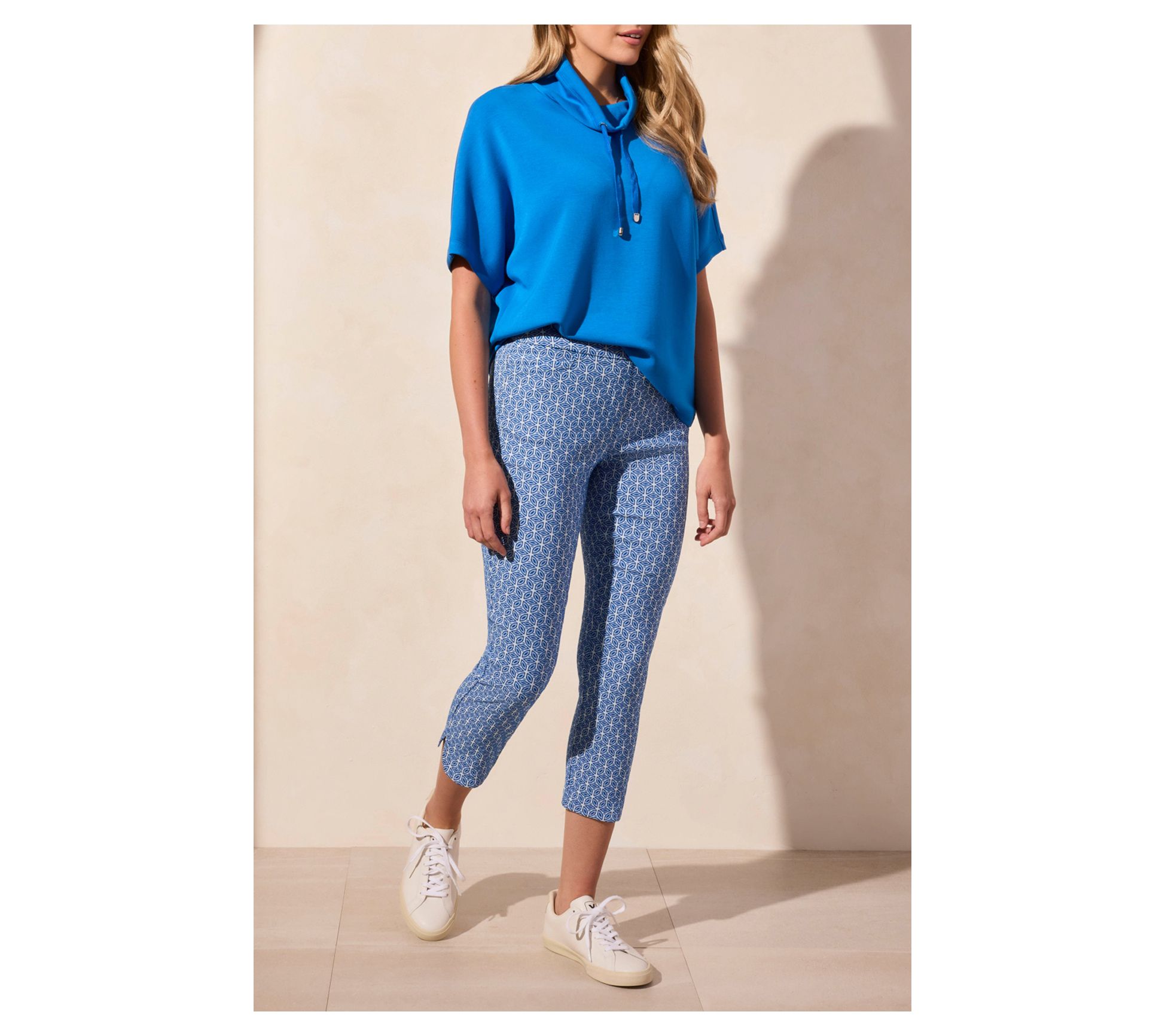 Tribal Light Scuba Knit Funnel Neck Short Sleeve Top