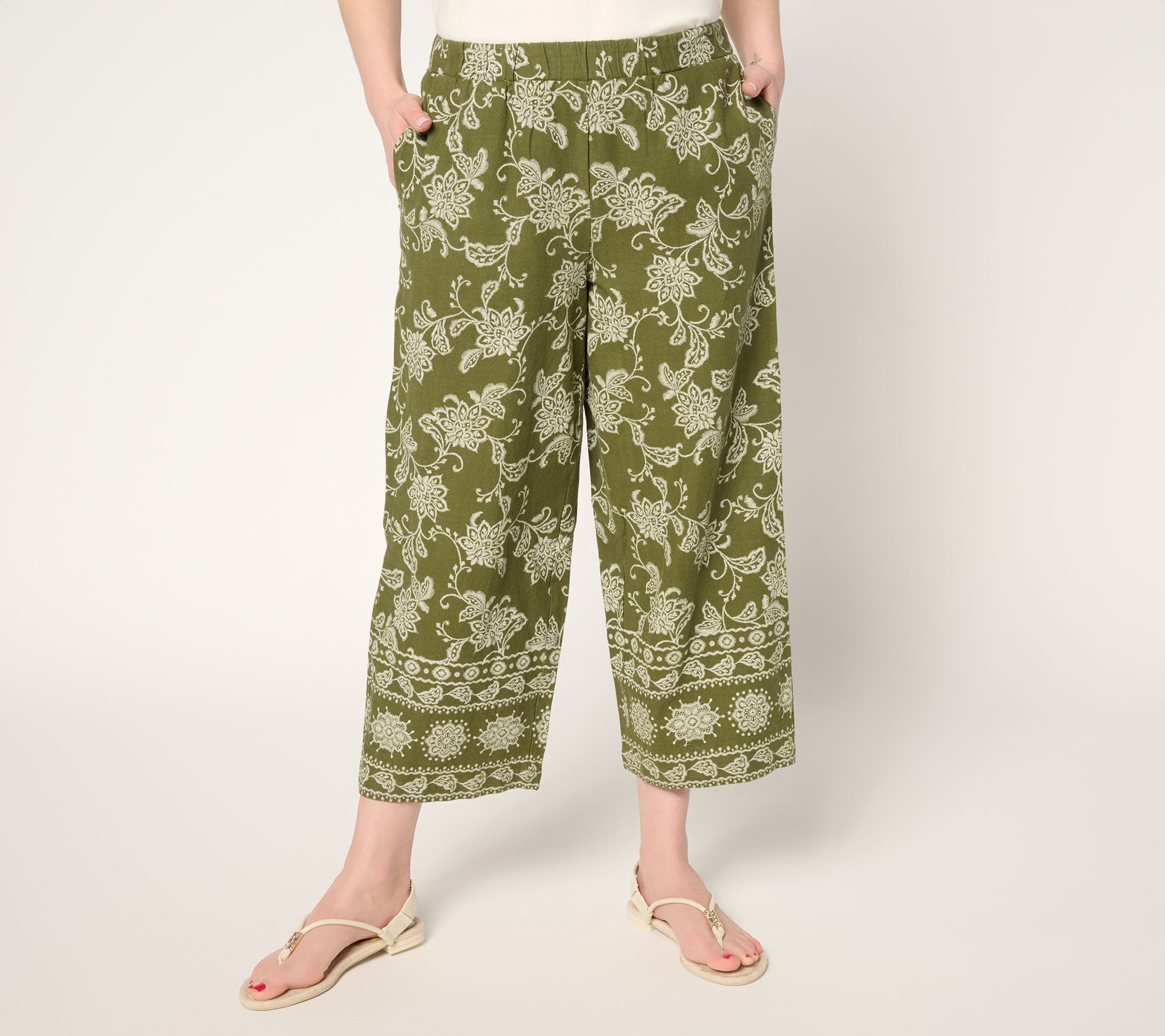 "As Is" Susan Graver PURE Reg Printed Linen Wide Leg Crop Pants