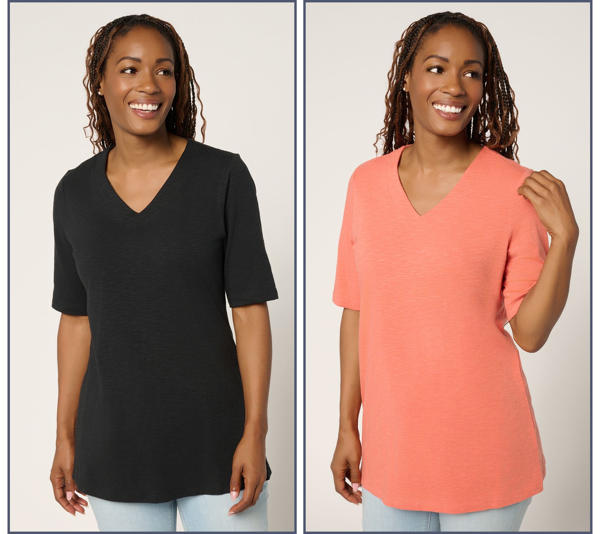 "As Is" Denim & Co. Essentials Textured Knit 2-Pack V-Neck Tunics
