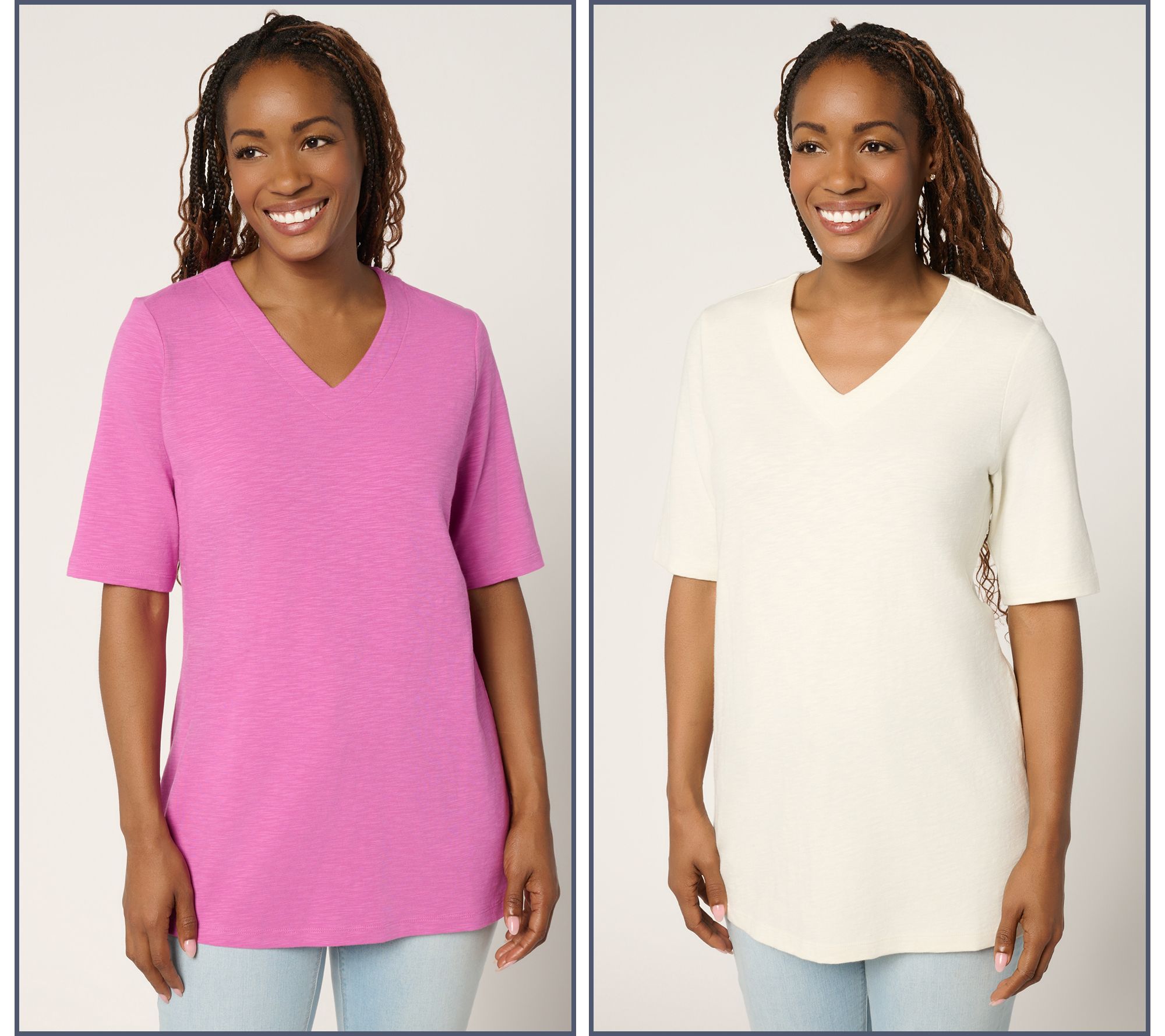 "As Is" Denim & Co. Essentials Textured Knit 2-Pack V-Neck Tunics