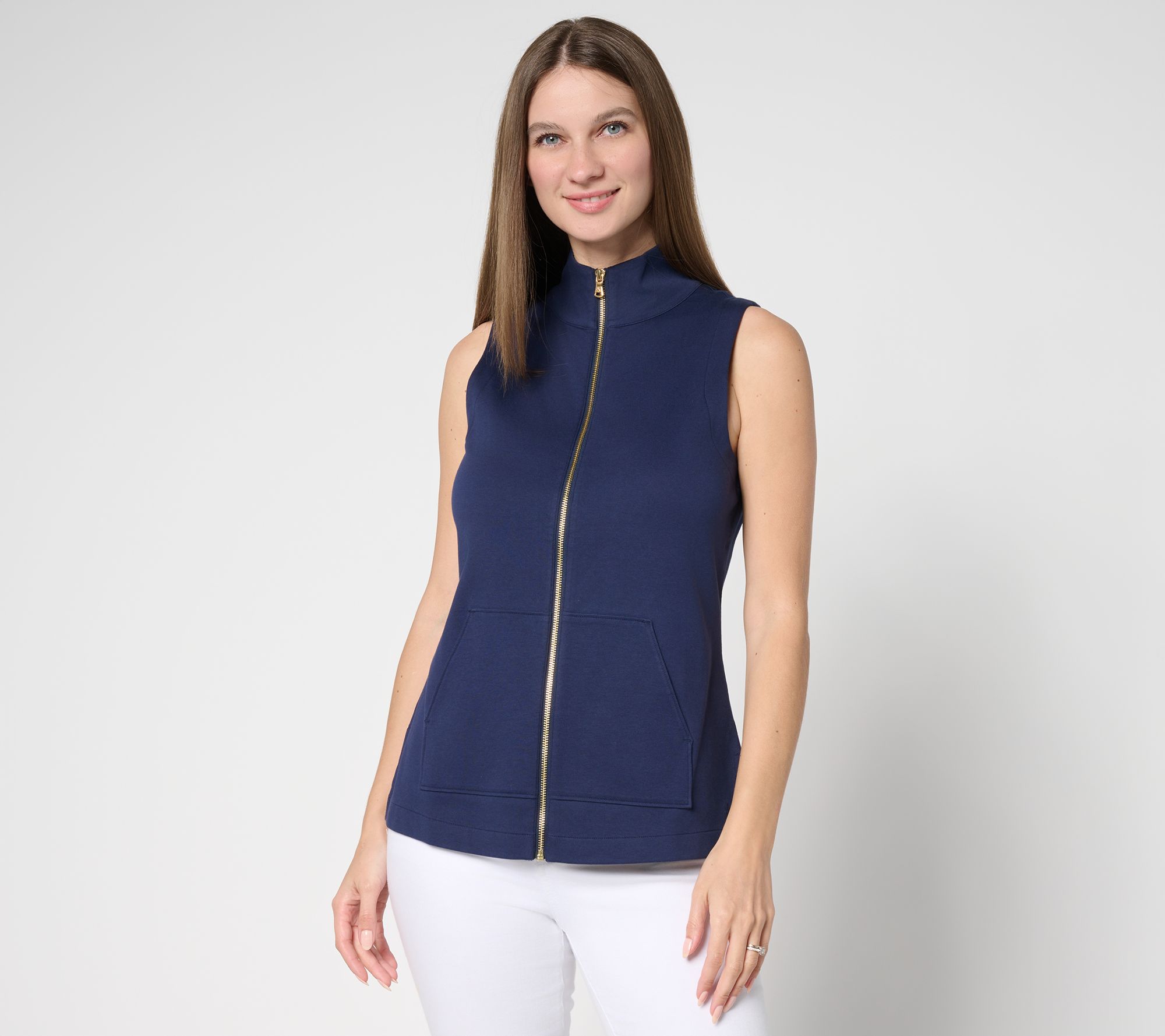"As Is" Isaac Mizrahi Live! Essentials Pima Cotton Zip Up Sleeveless Top