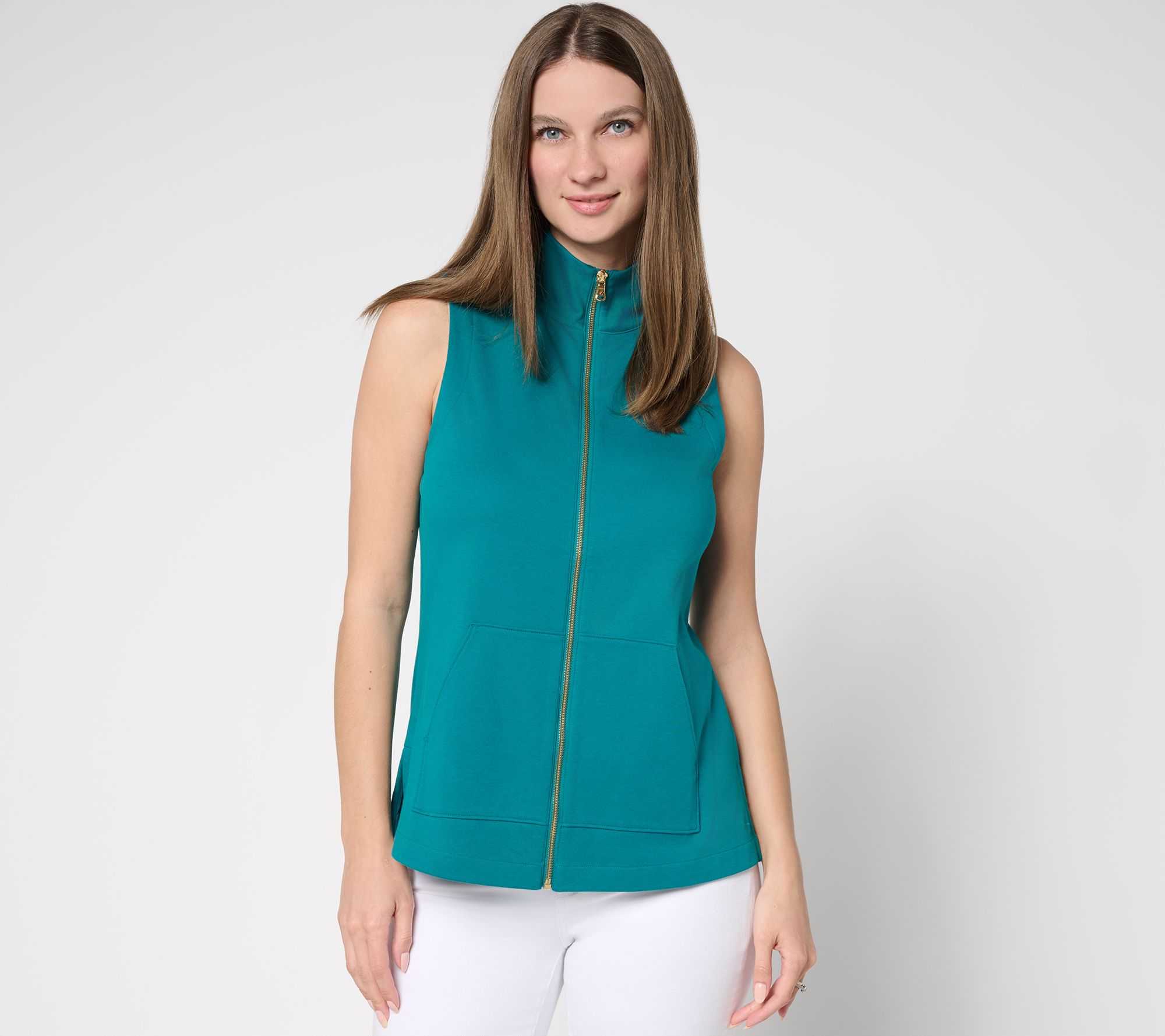 "As Is" Isaac Mizrahi Live! Essentials Pima Cotton Zip Up Sleeveless Top