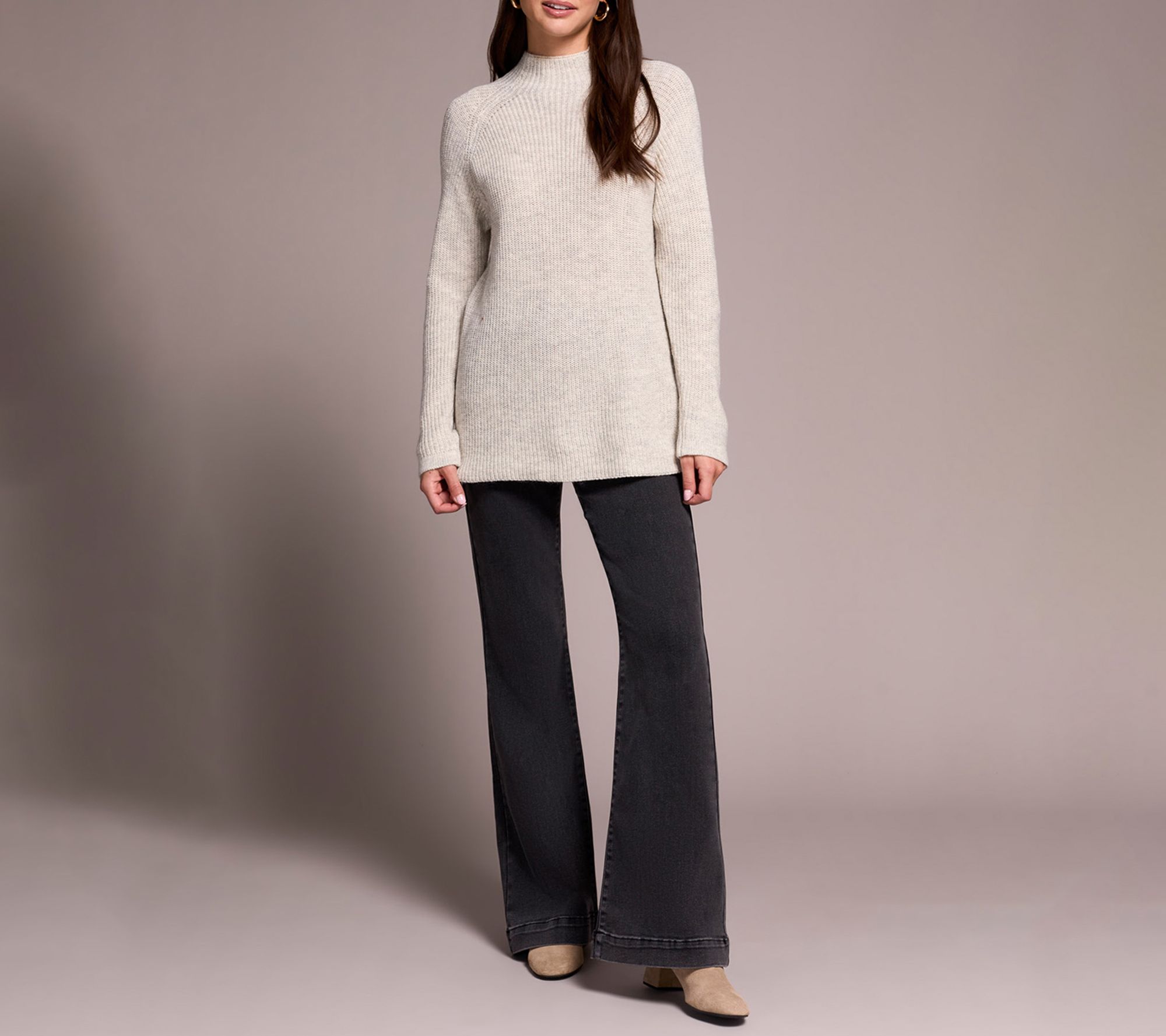 Tribal Mock Neck Heathered Knit Sweater With Side Slits