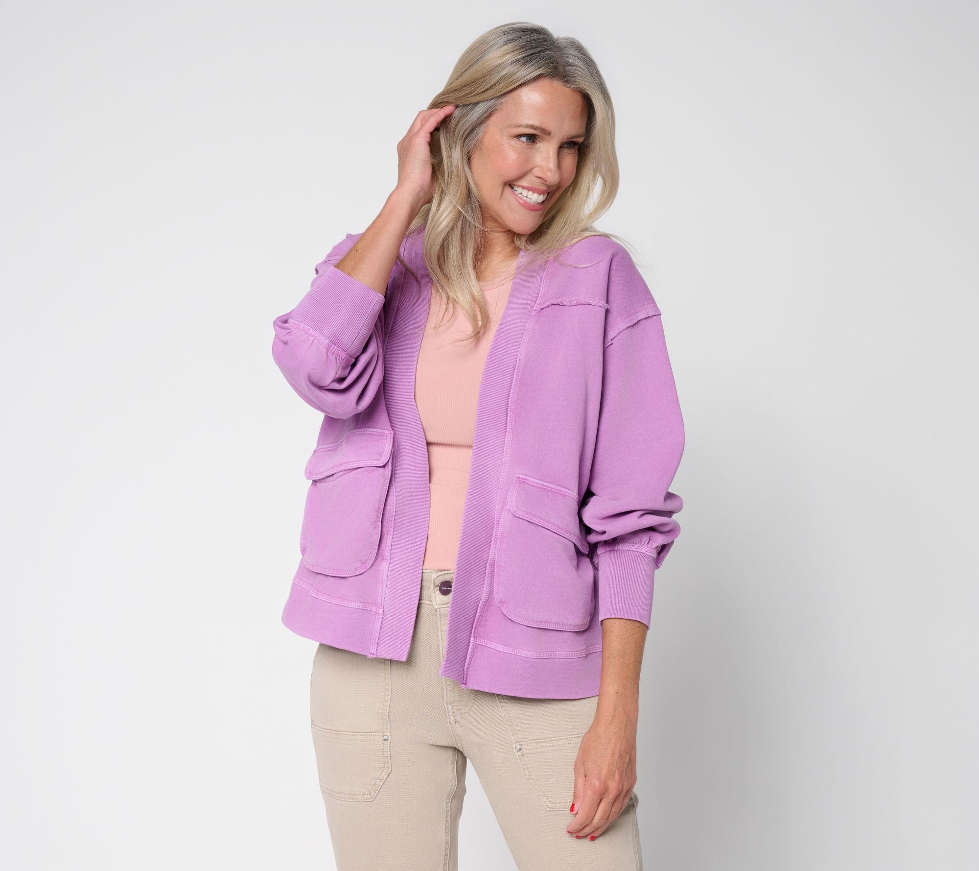LOGO Lounge by Lori Goldstein Open Front Knit Cardigan with Patch Pockets