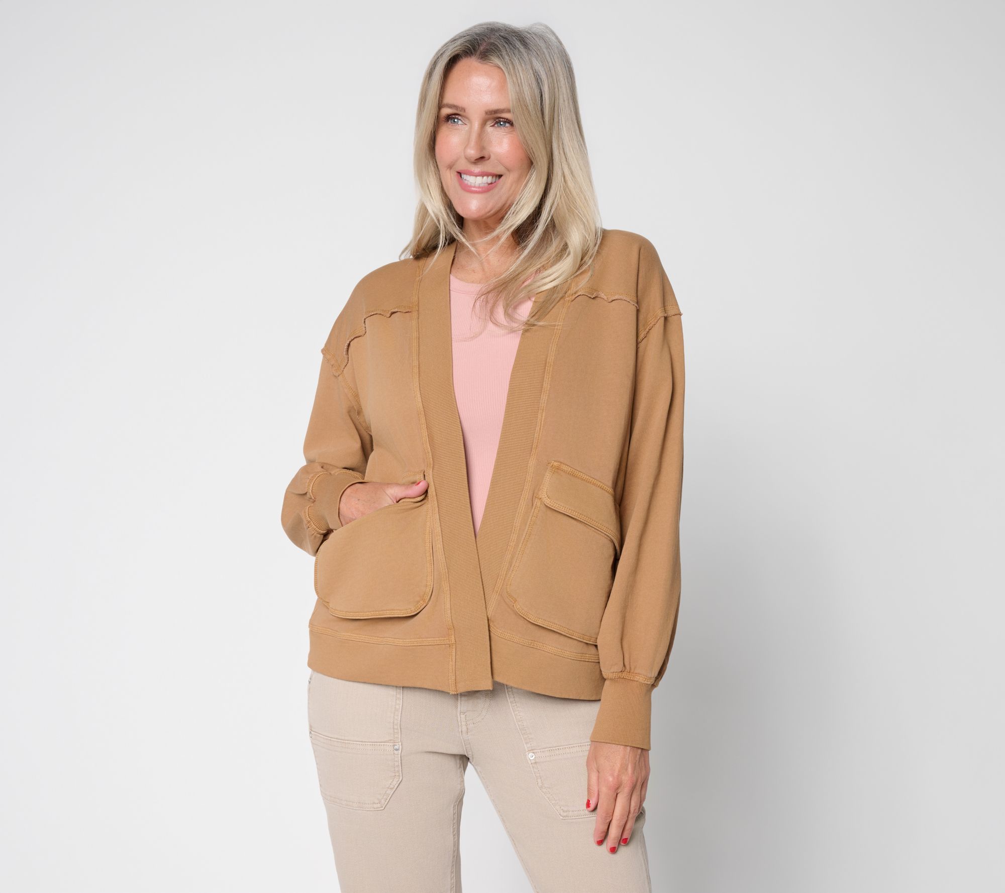 LOGO Lounge by Lori Goldstein Open Front Knit Cardigan with Patch Pockets